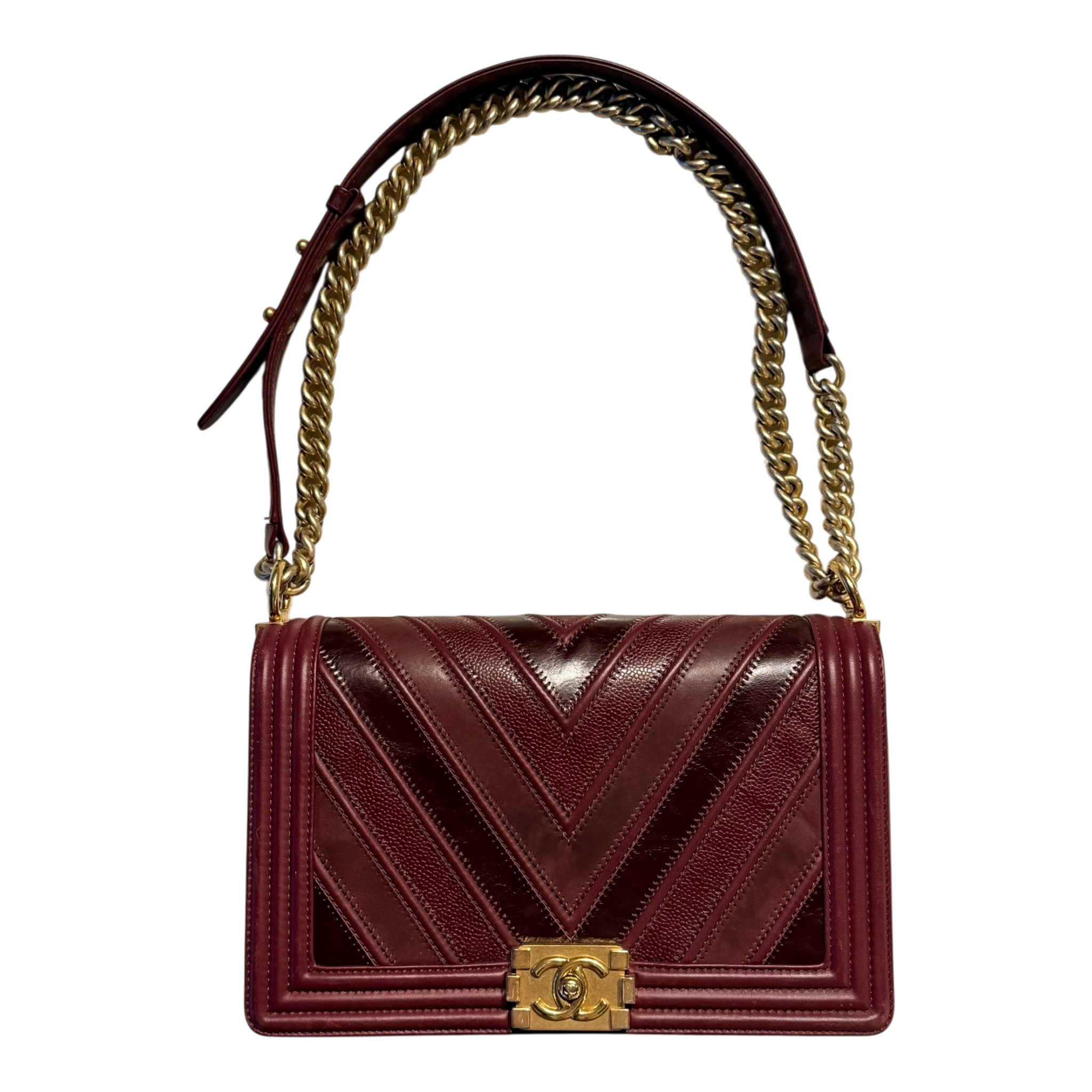 Burgundy Chevron Caviar and Leather Medium Boy Flap Bag