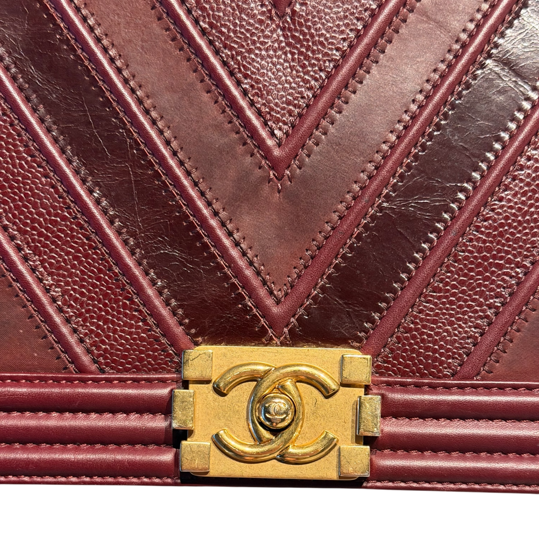 Burgundy Chevron Caviar and Leather Medium Boy Flap Bag