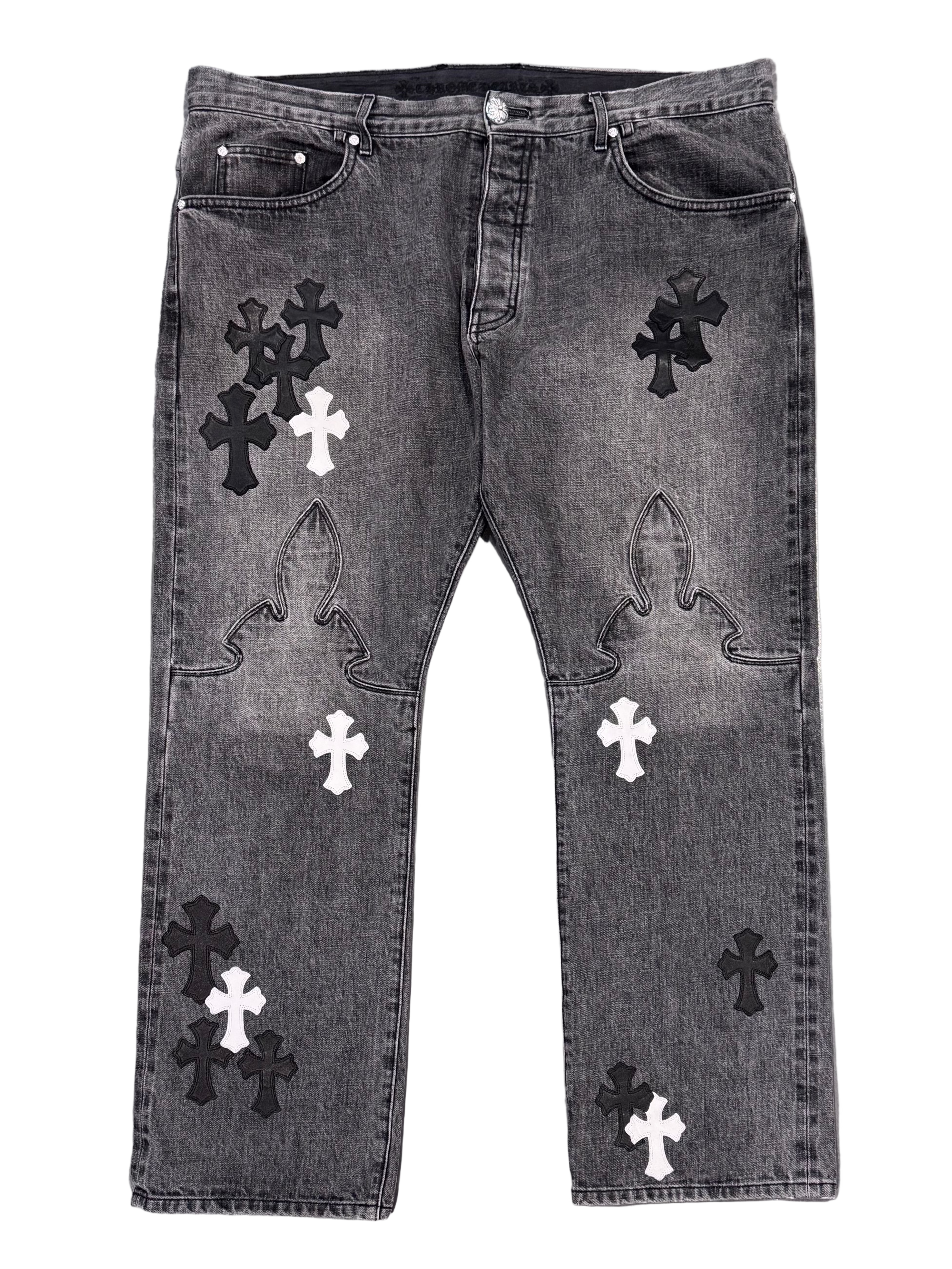 Chrome Hearts Grey Black & White Cross Patch Fleur Jeans