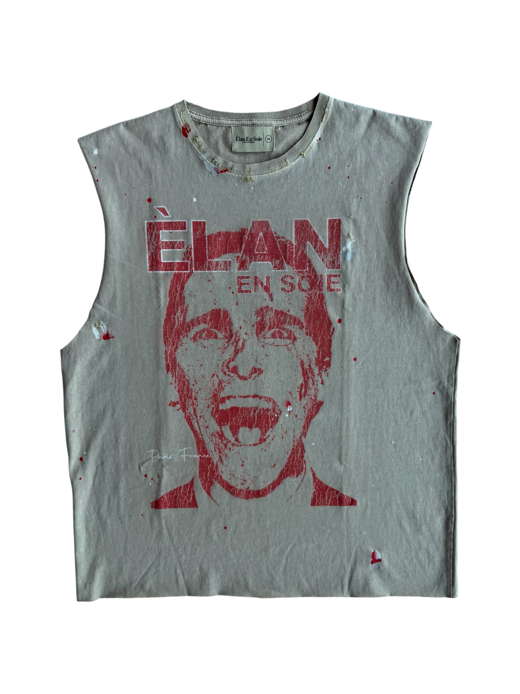 Psycho Distressed Paint Splatter Cut Off Tee Tan