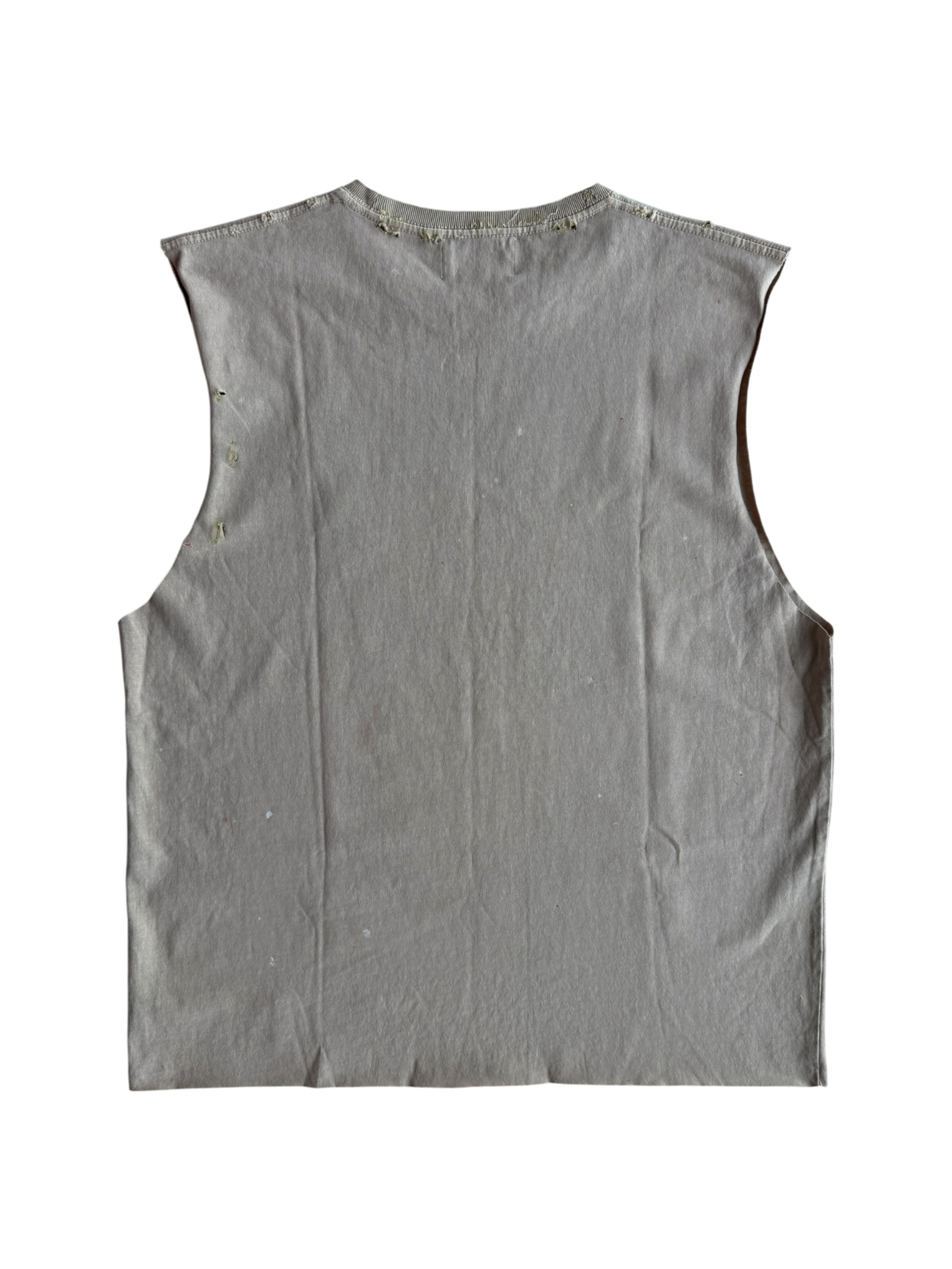 Psycho Distressed Paint Splatter Cut Off Tee Tan