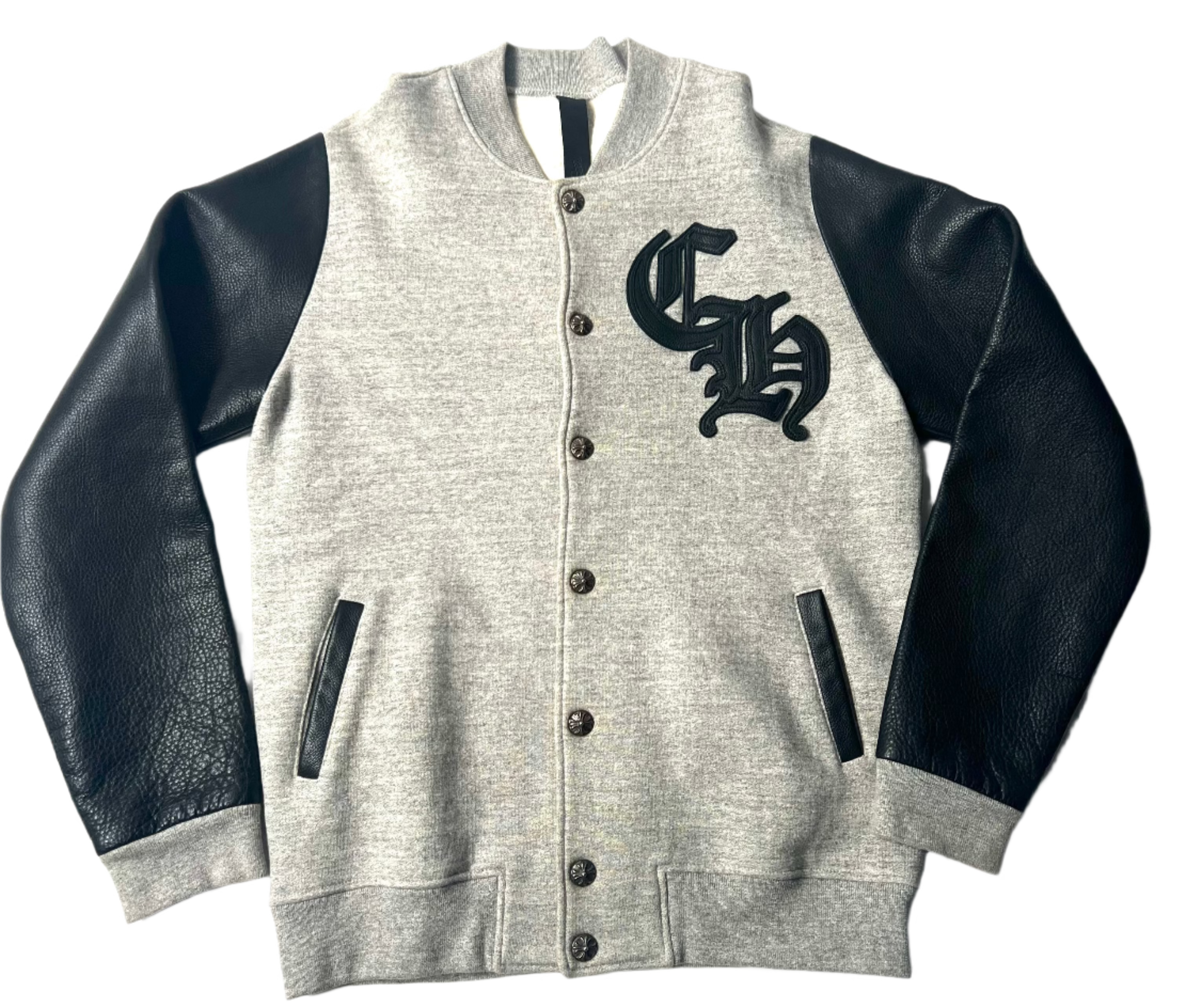 Grey Chrome Heart Leather Varsity Jacket
