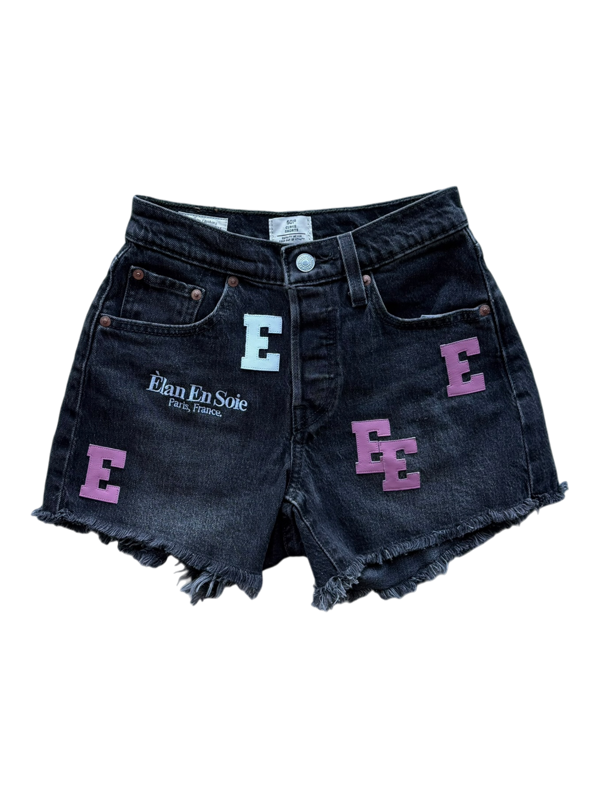 Pink & White Patch Women's Black Denim Cutoff Shorts