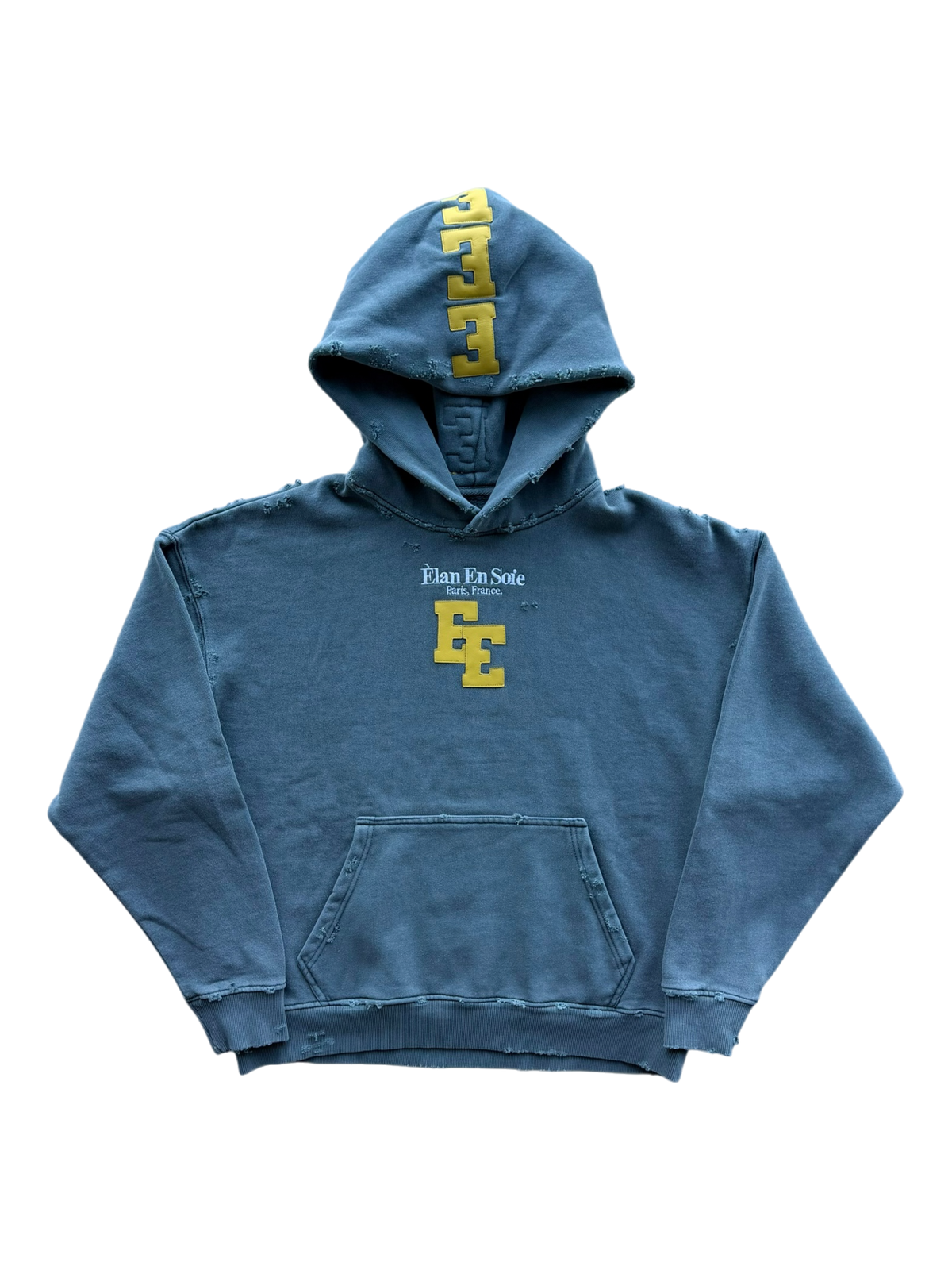 Yellow Spine Patch Distressed Hoodie Grey