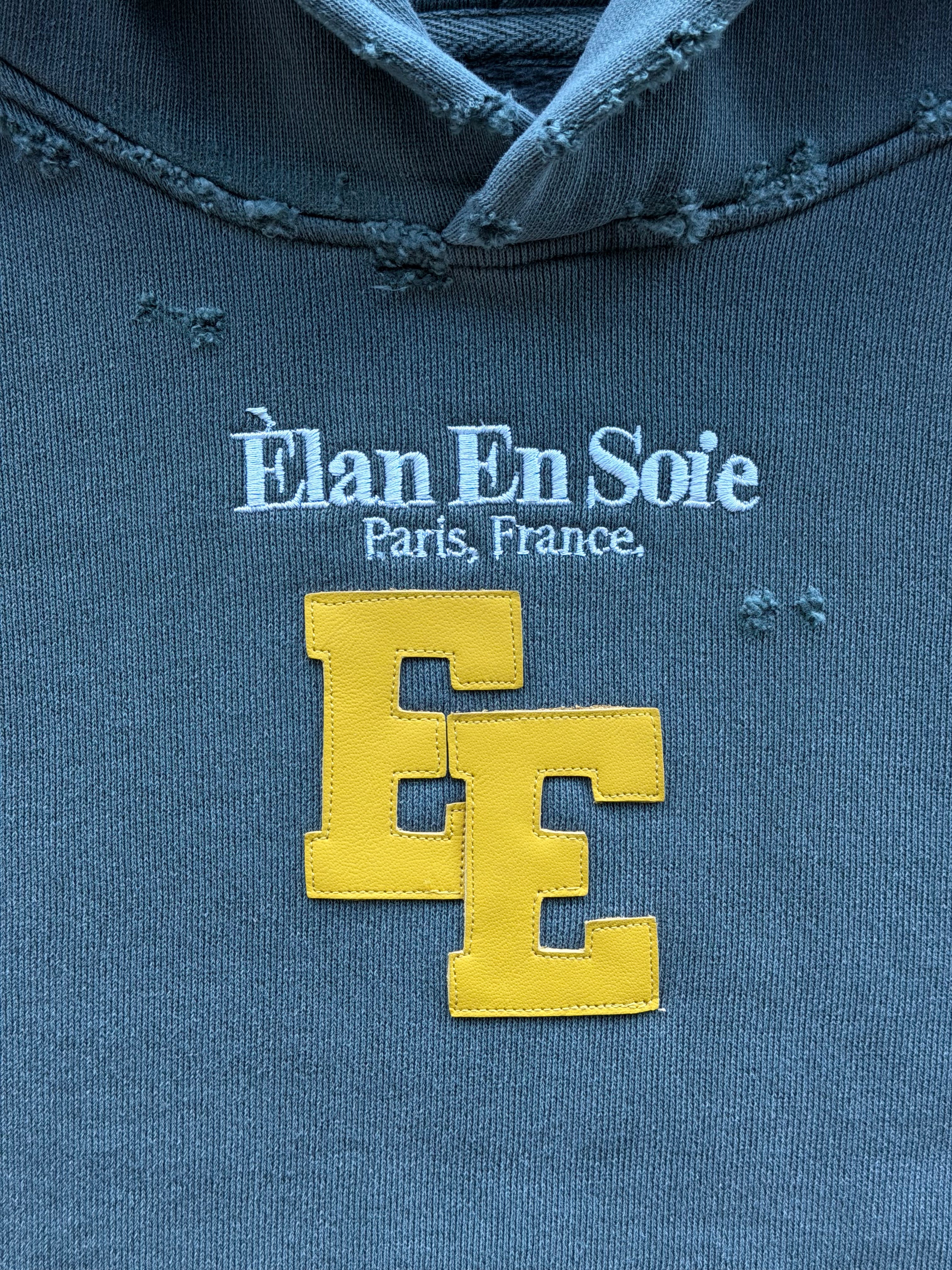 Yellow Spine Patch Distressed Hoodie Grey