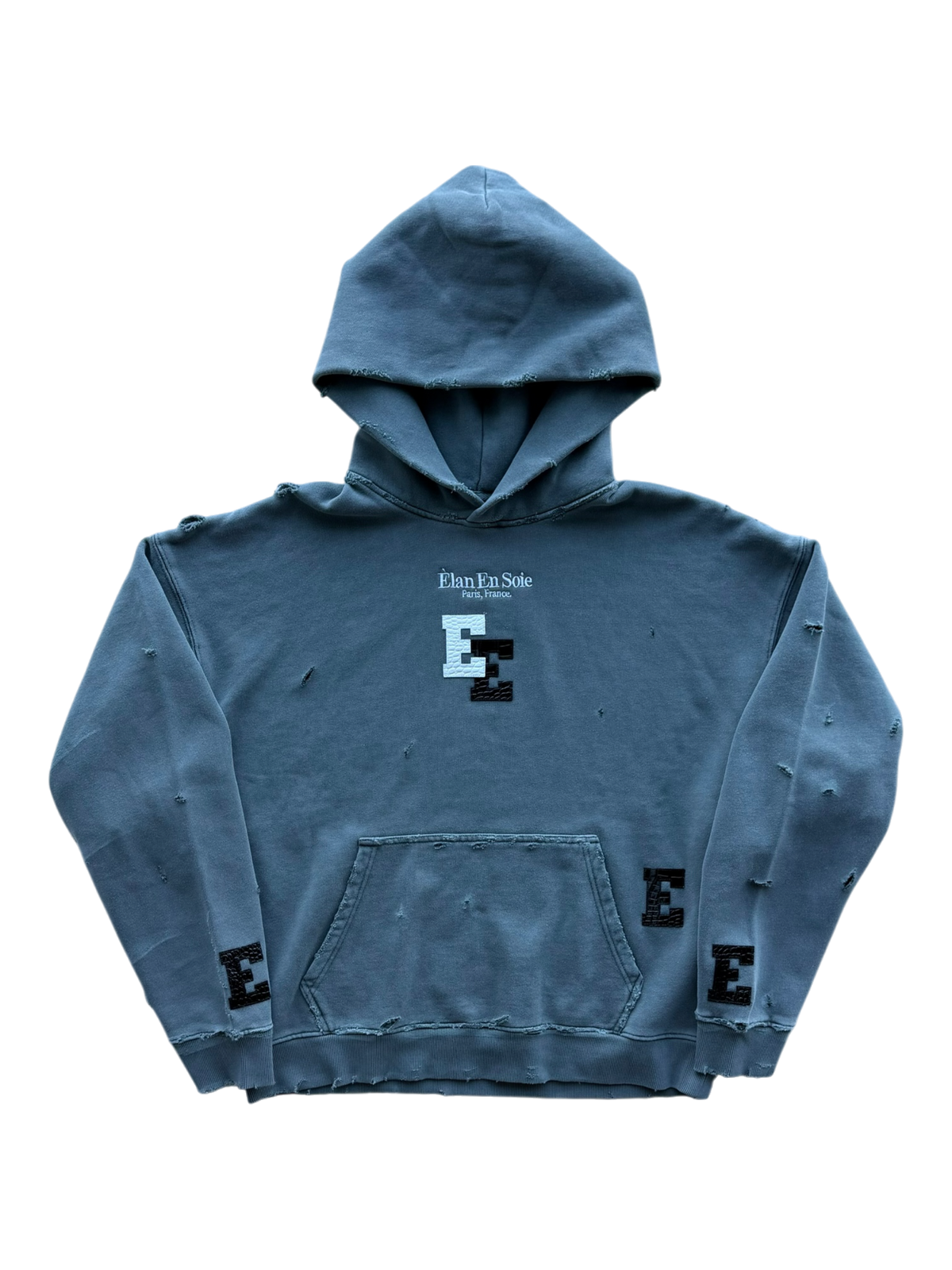 White & Black Croc Patch Distressed Hoodie Grey