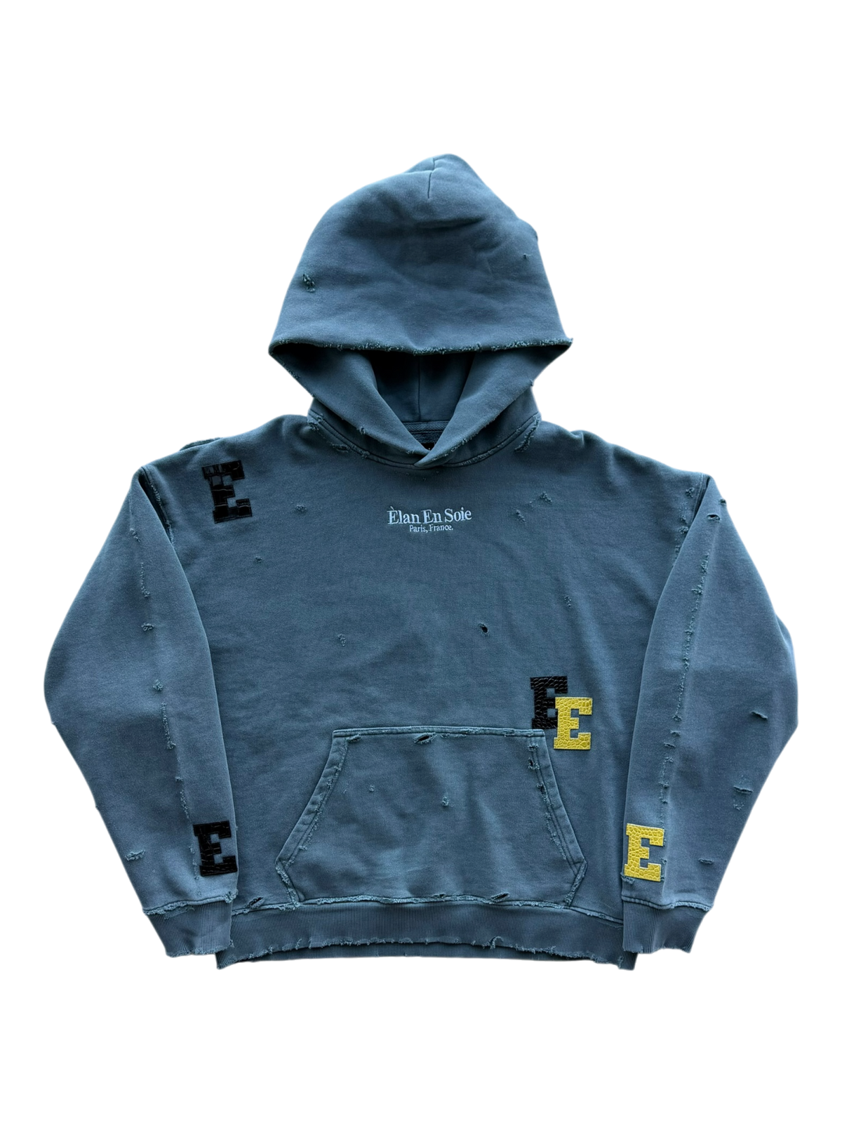 Yellow & Black Croc Patch Distressed Hoodie Grey