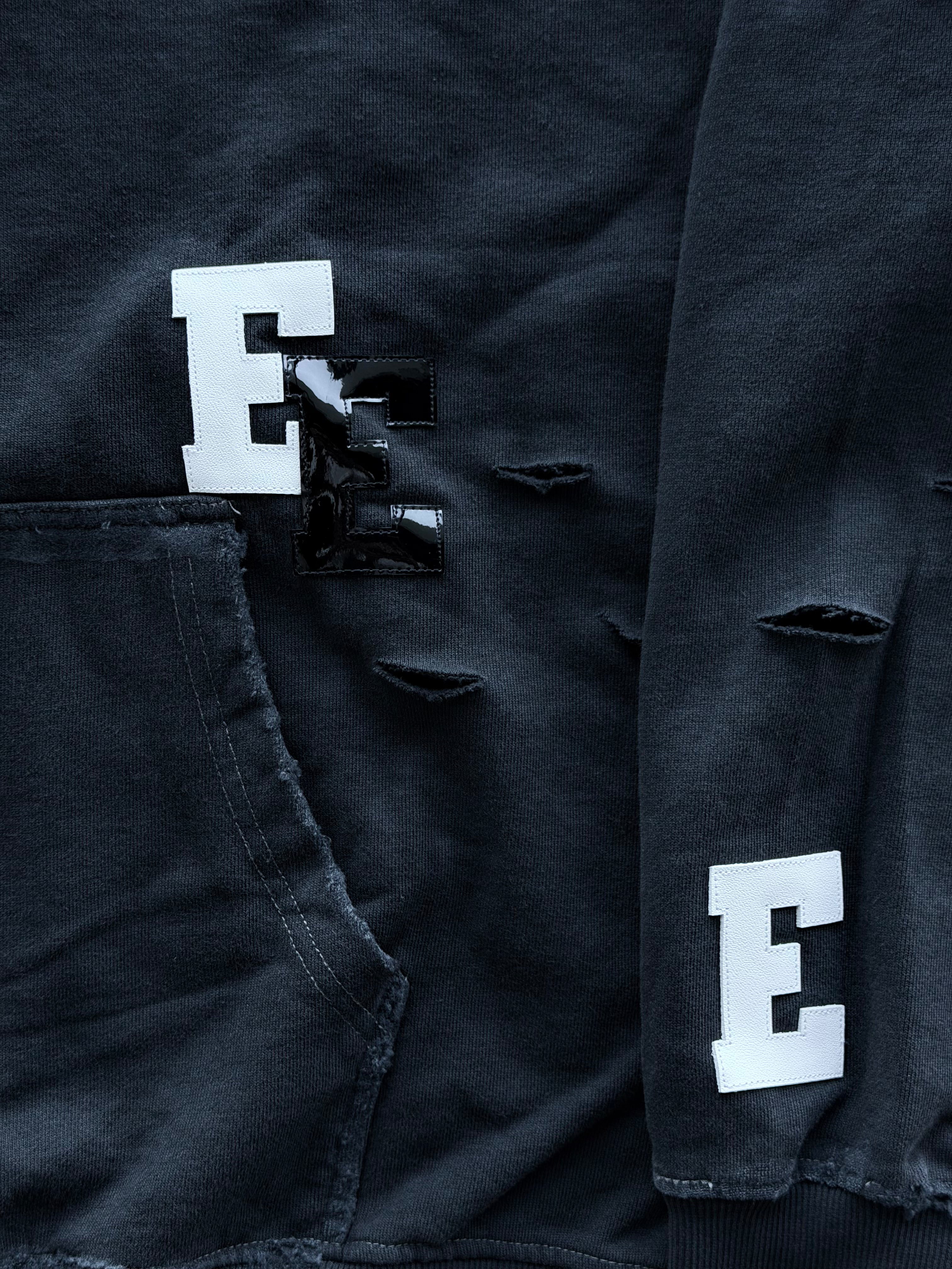 White & Black Patent Patch Distressed Hoodie Black