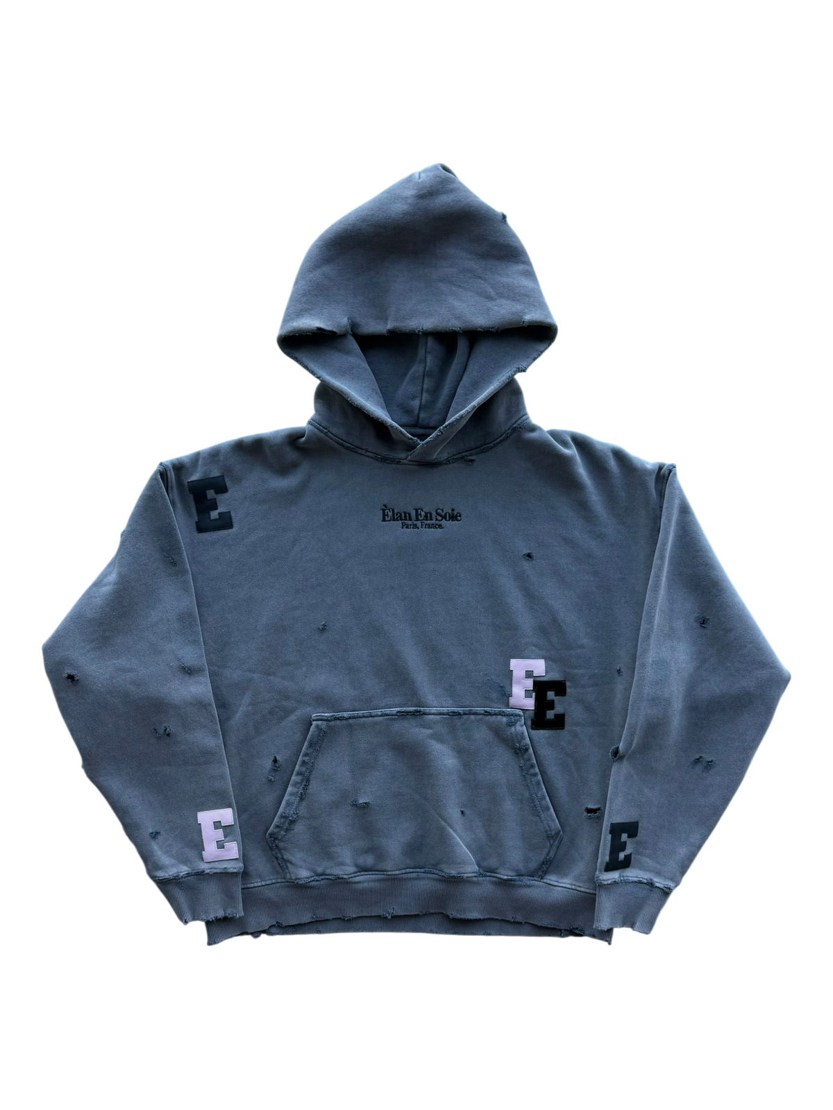 Pink & Black Patent Patch Distressed Hoodie Grey