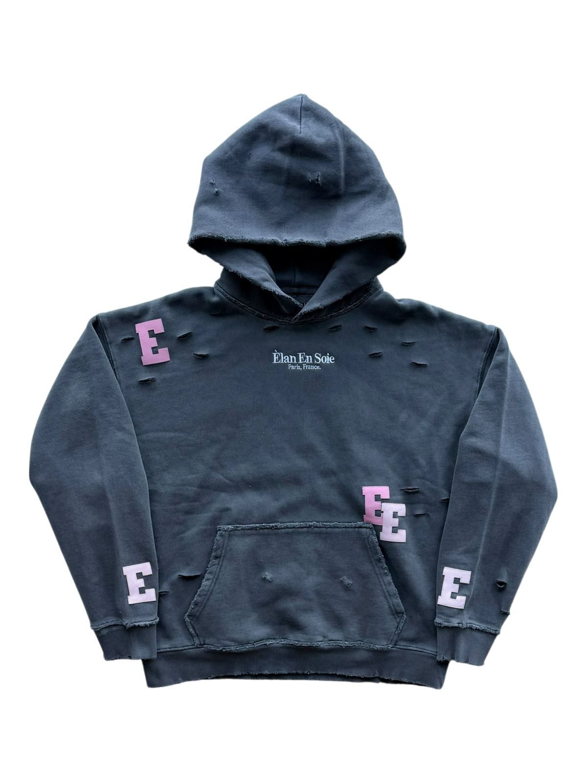Two Toned Pink Patch Distressed Hoodie Grey