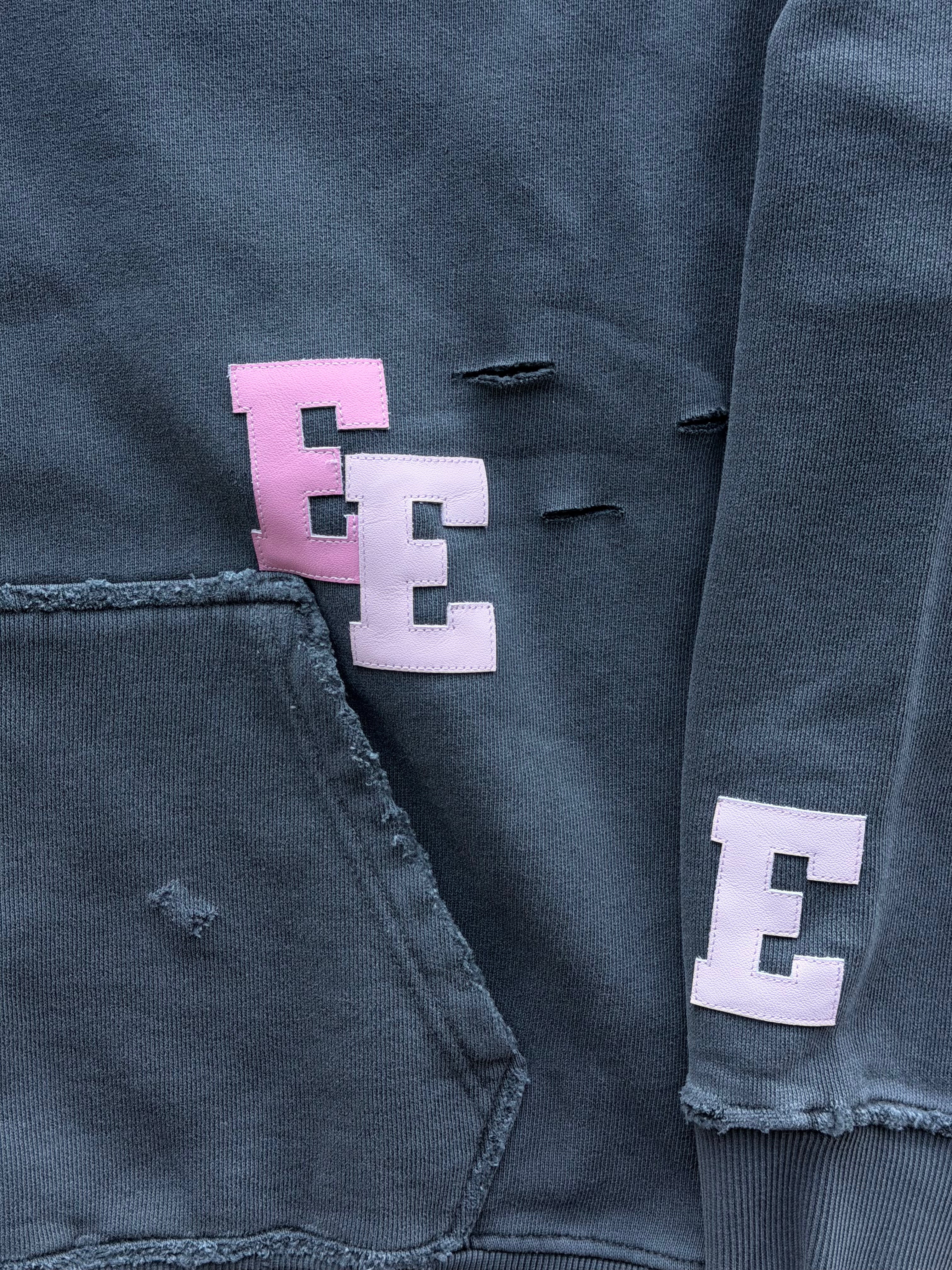Two Toned Pink Patch Distressed Hoodie Grey
