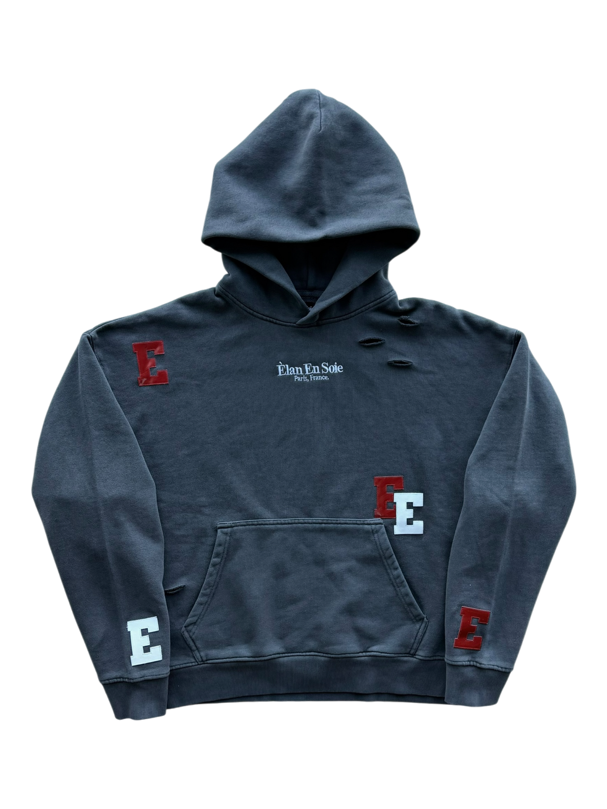 White & Red Patch Distressed Hoodie Grey