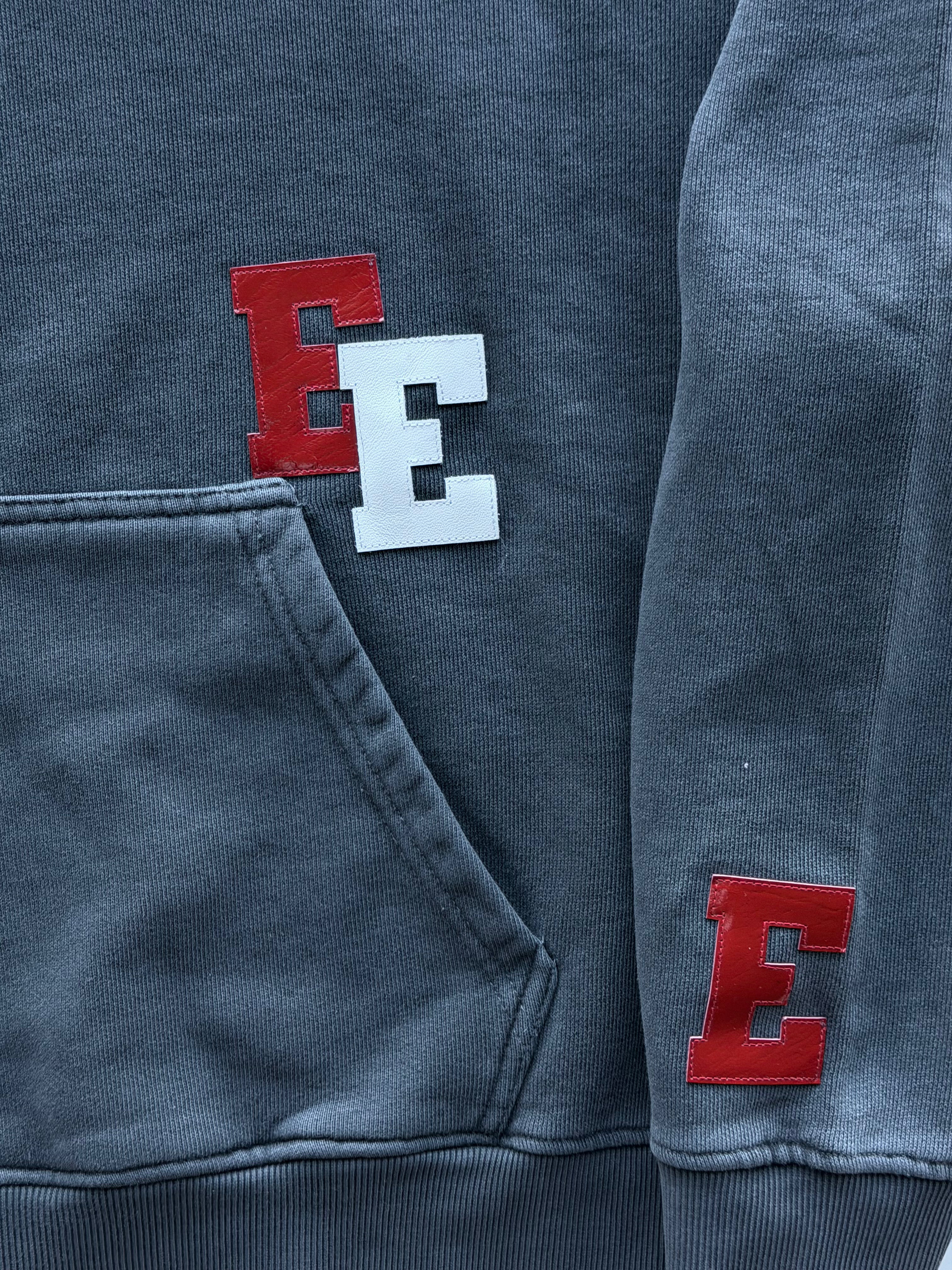White & Red Patch Distressed Hoodie Grey