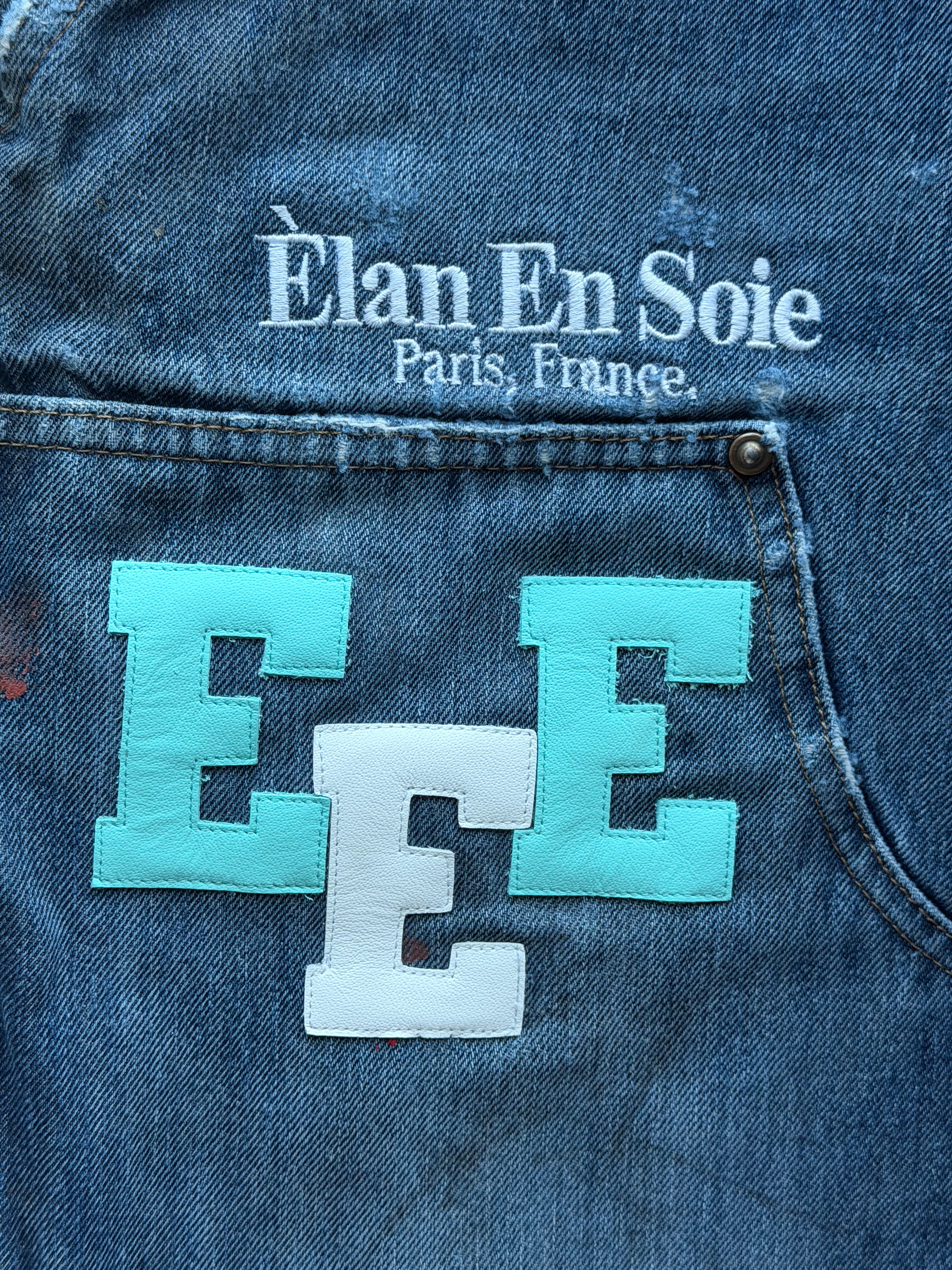 White & Blue Patch Denim Carpenter Pants Blue