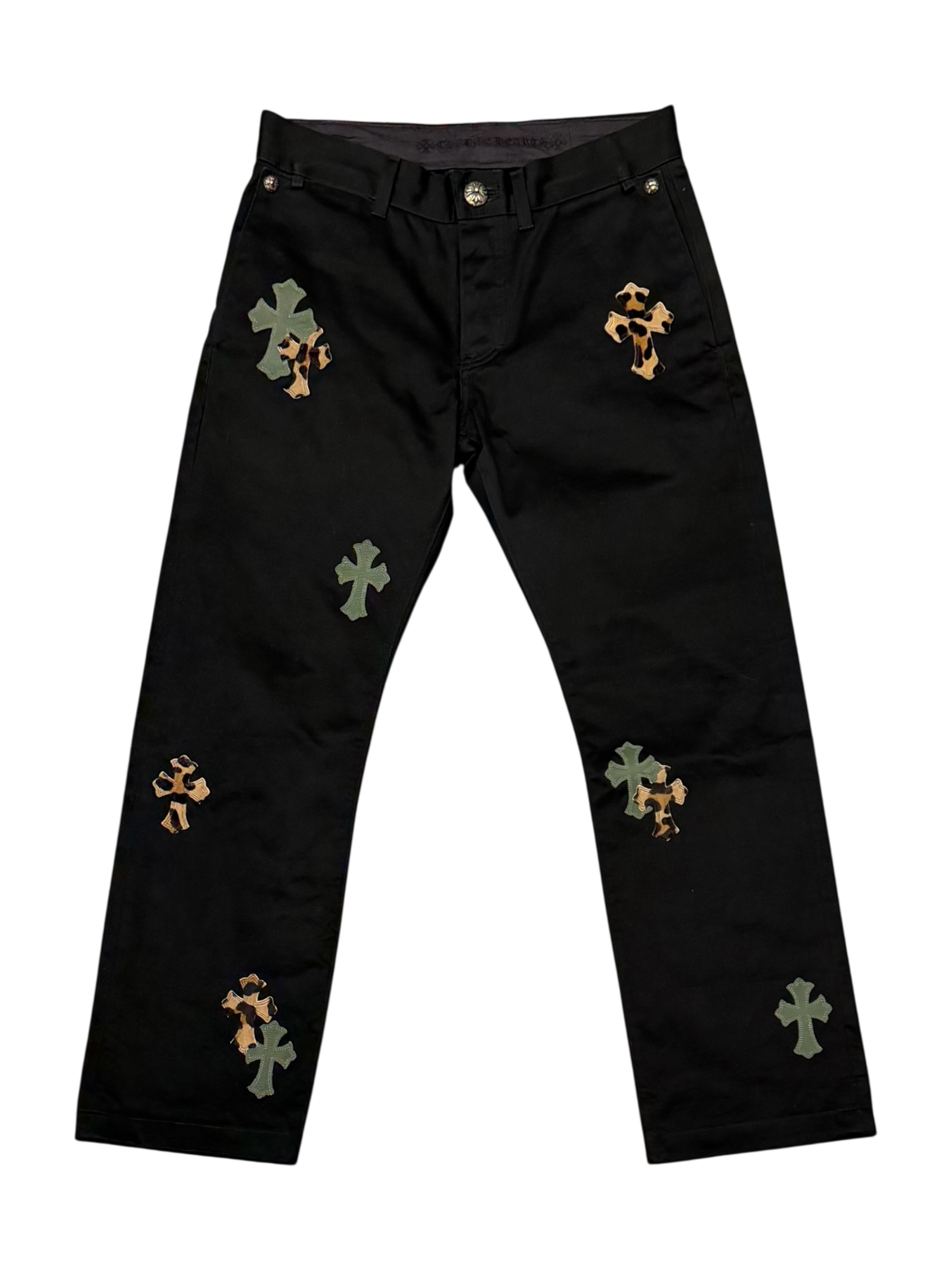 Black Cheetah & Green Cross Patch Chino Pants/Jeans