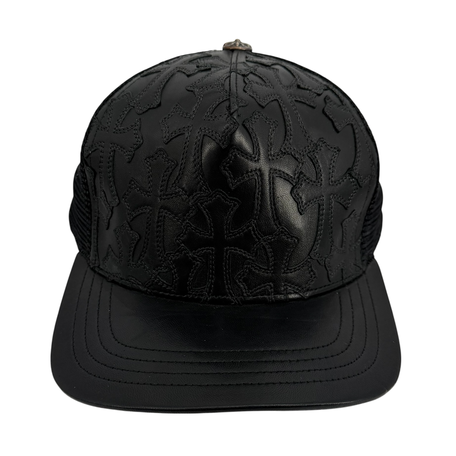 Black Leather Cemetery Cross Patch Trucker Hat