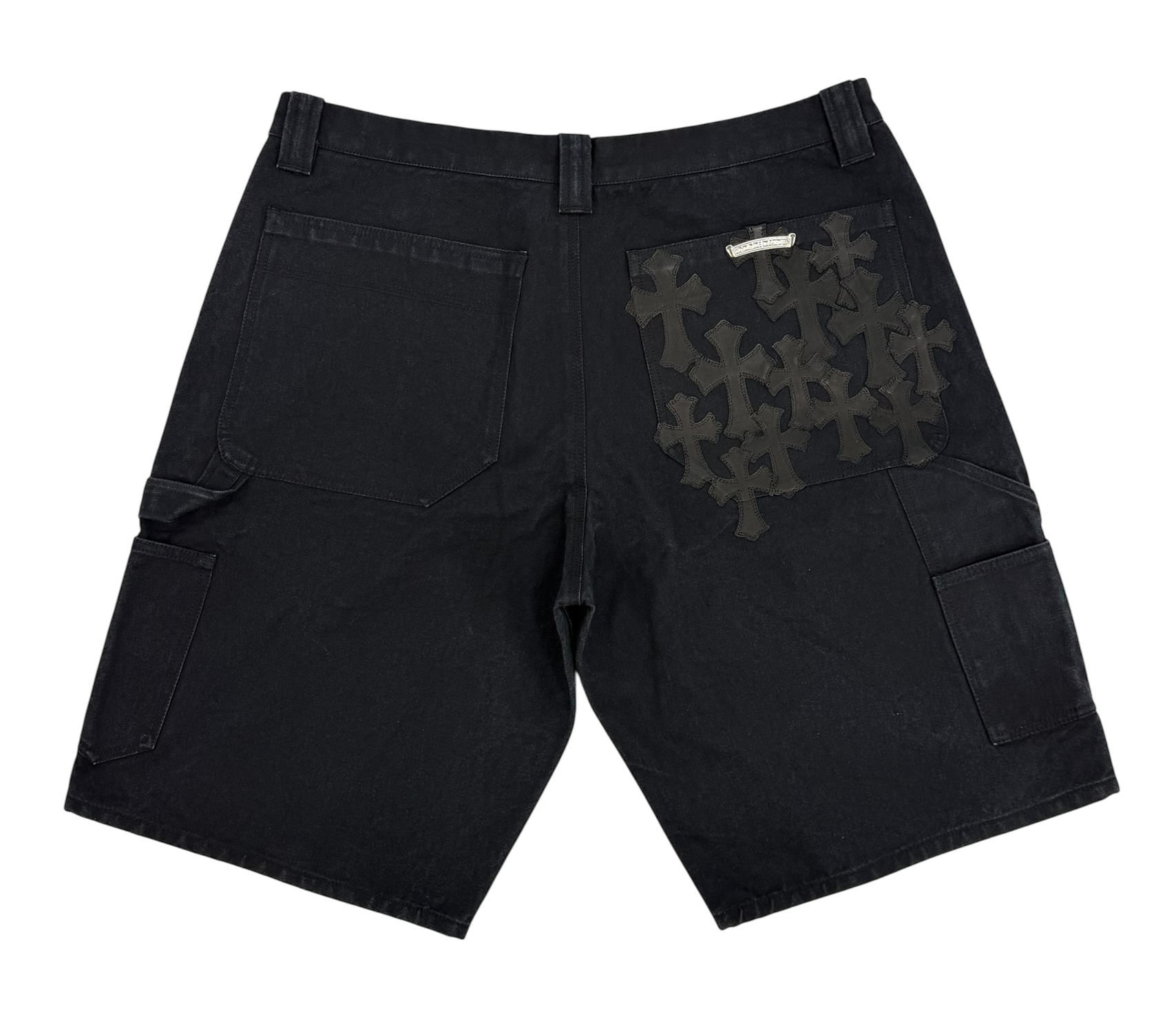 Black Leather Cross Patch Carpenter Shorts Black