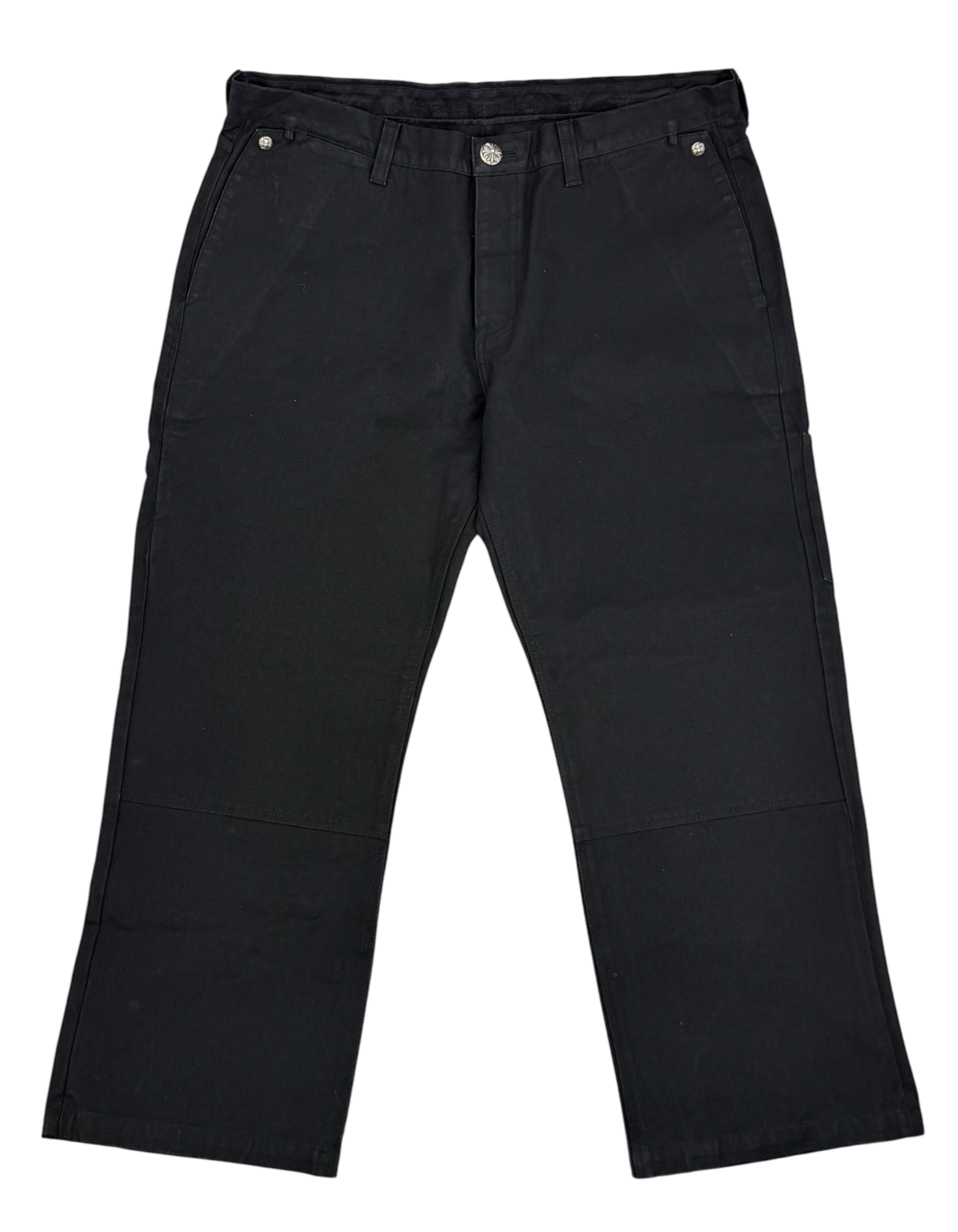 Black Leather Cross Patch Double Knee Carpenter Pants