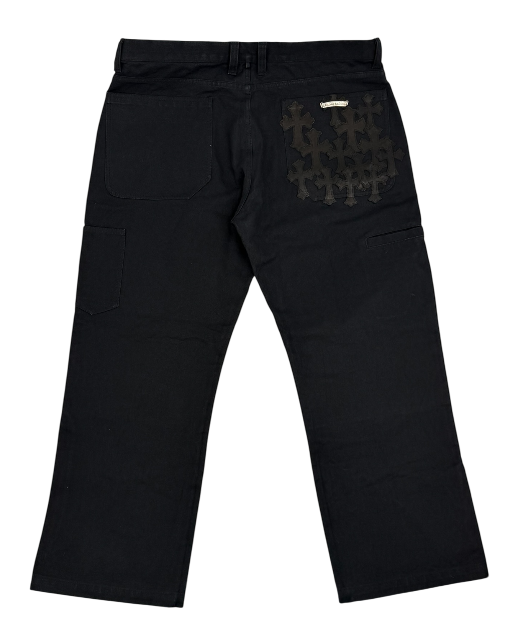 Black Leather Cross Patch Double Knee Carpenter Pants