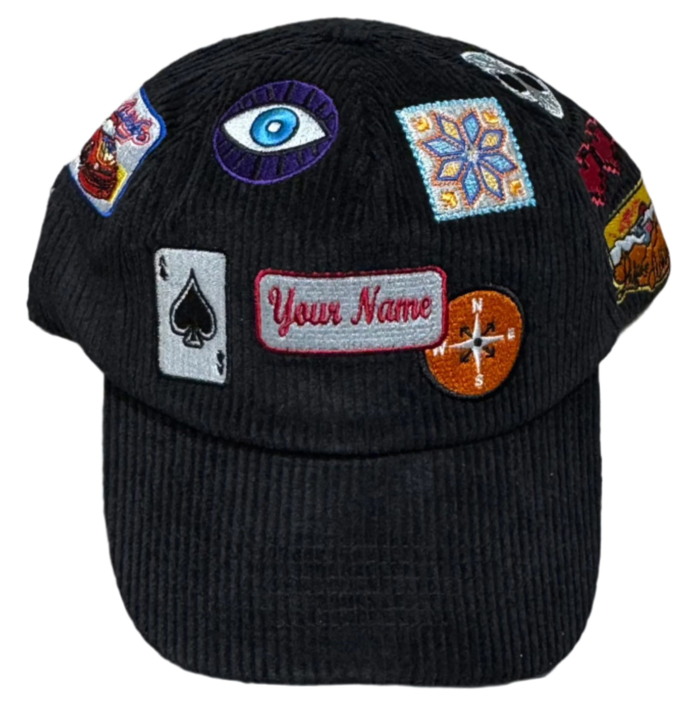 Black Corduroy Hat with Patches