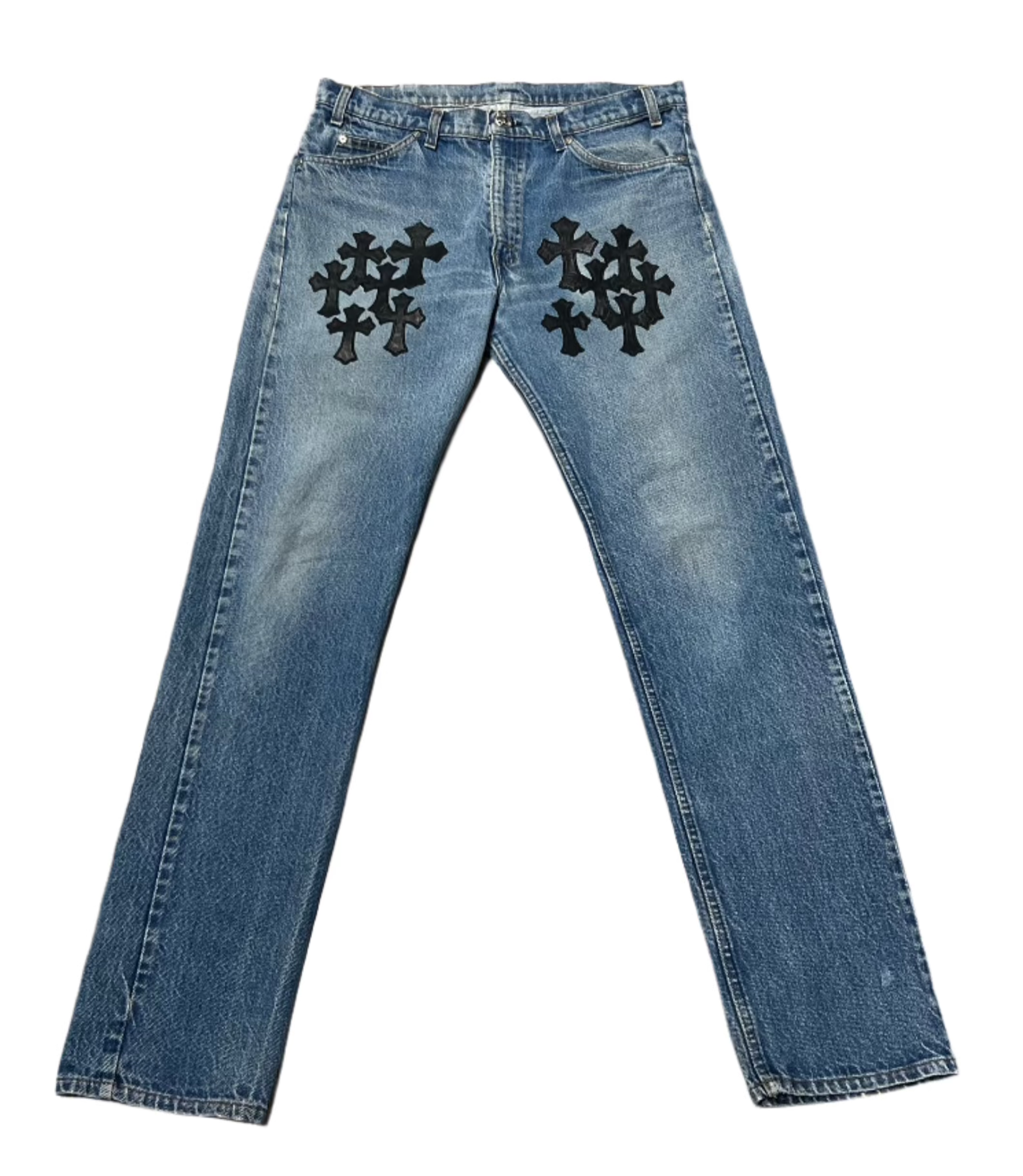 Chrome Hearts Orange Tab Levi Jeans With Black Leather Cross Patches