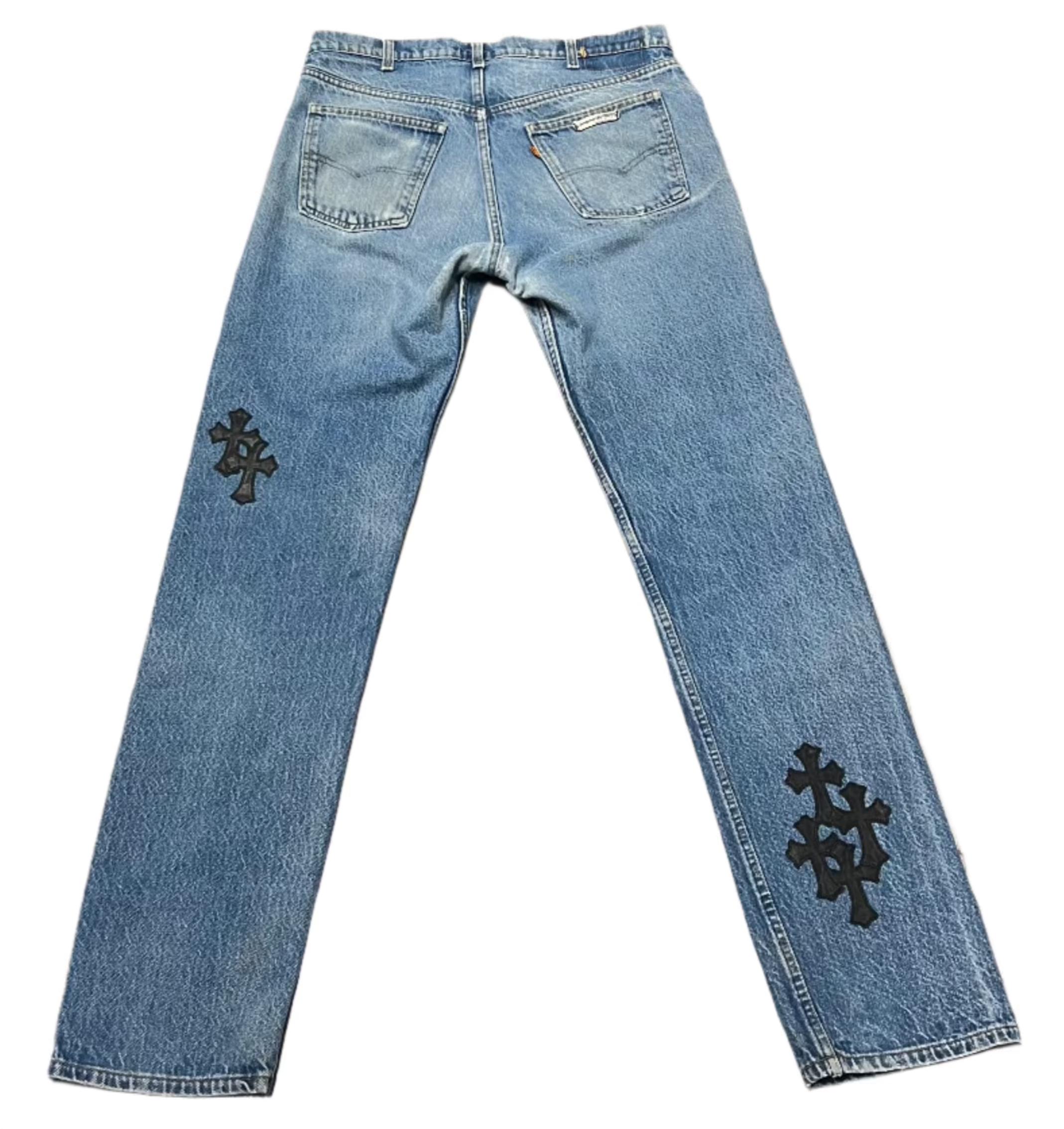 Chrome Hearts Orange Tab Levi Jeans With Black Leather Cross Patches
