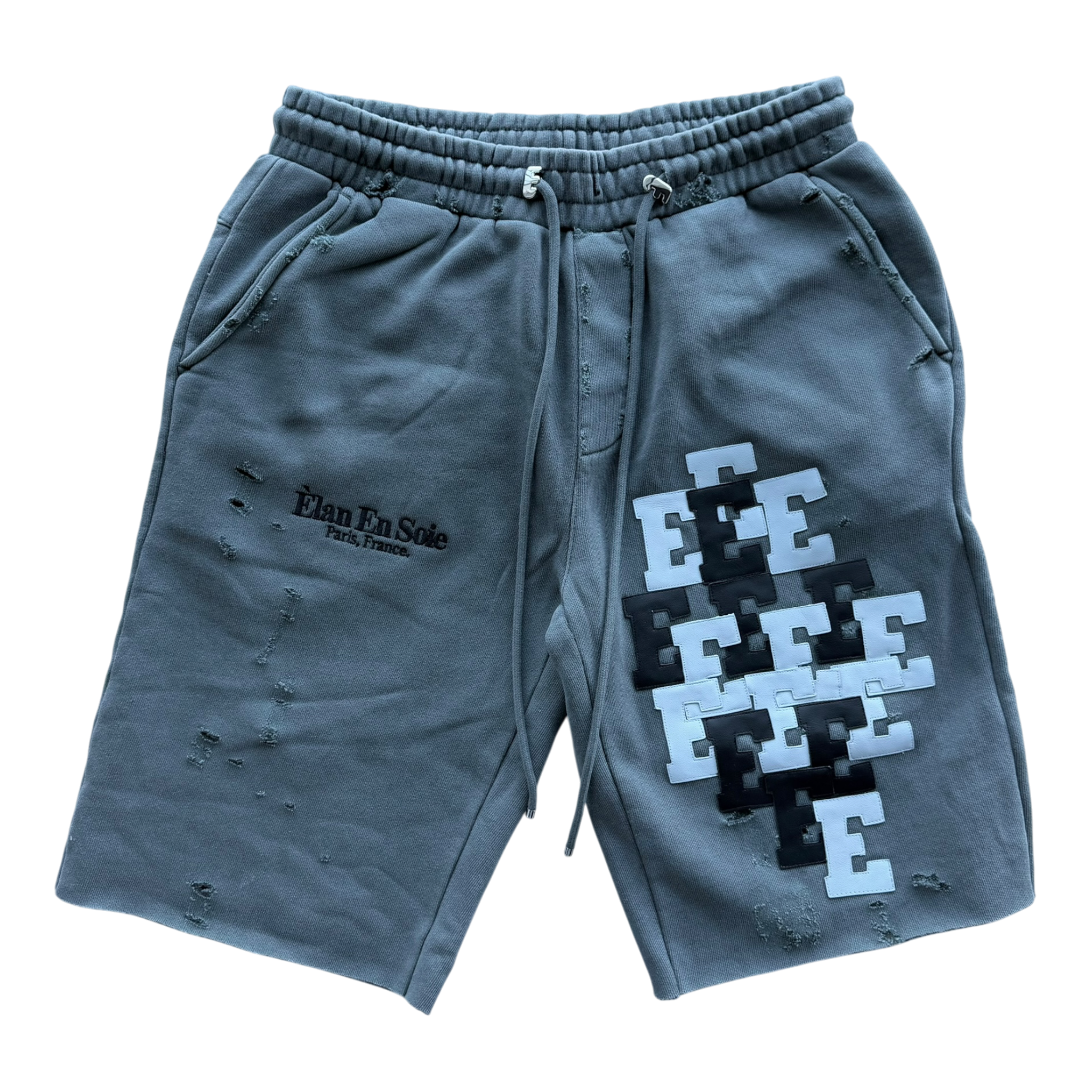 Baby Blue & Black Patch Distressed Sweat Shorts Grey