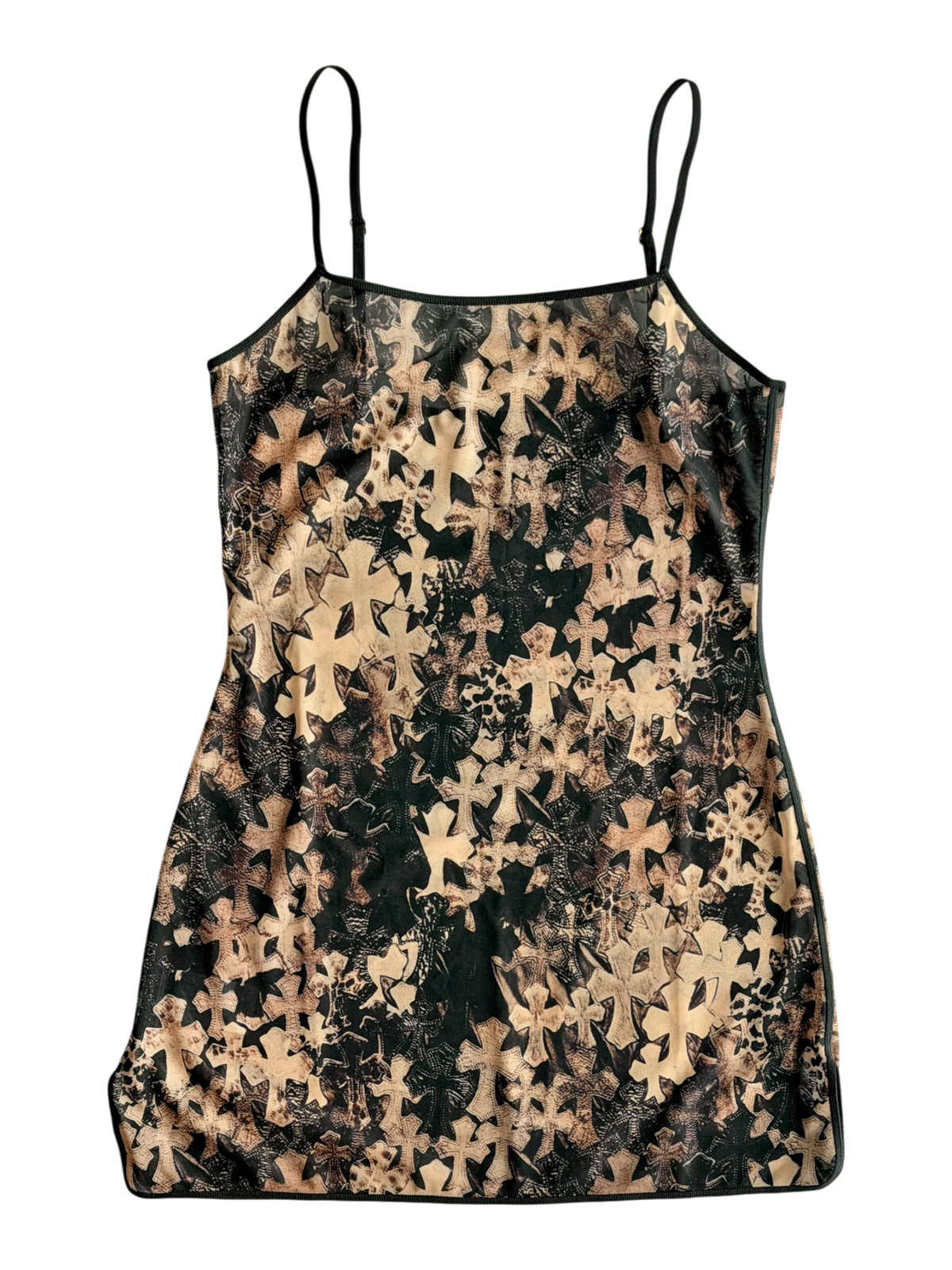 Brown All Over Cross Print Mesh Mini Dress