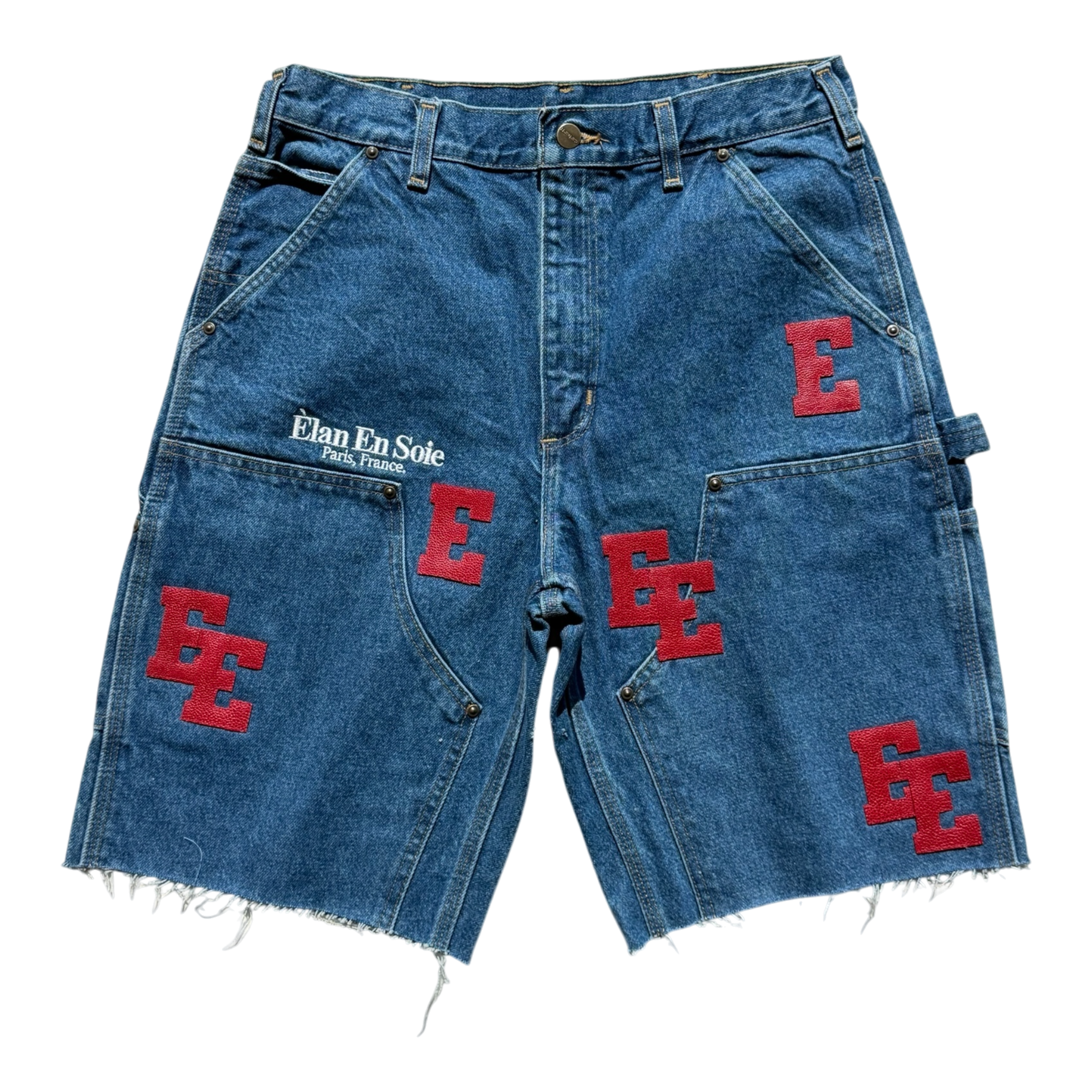 Red Pebbled Patch Indigo Denim Carpenter Short