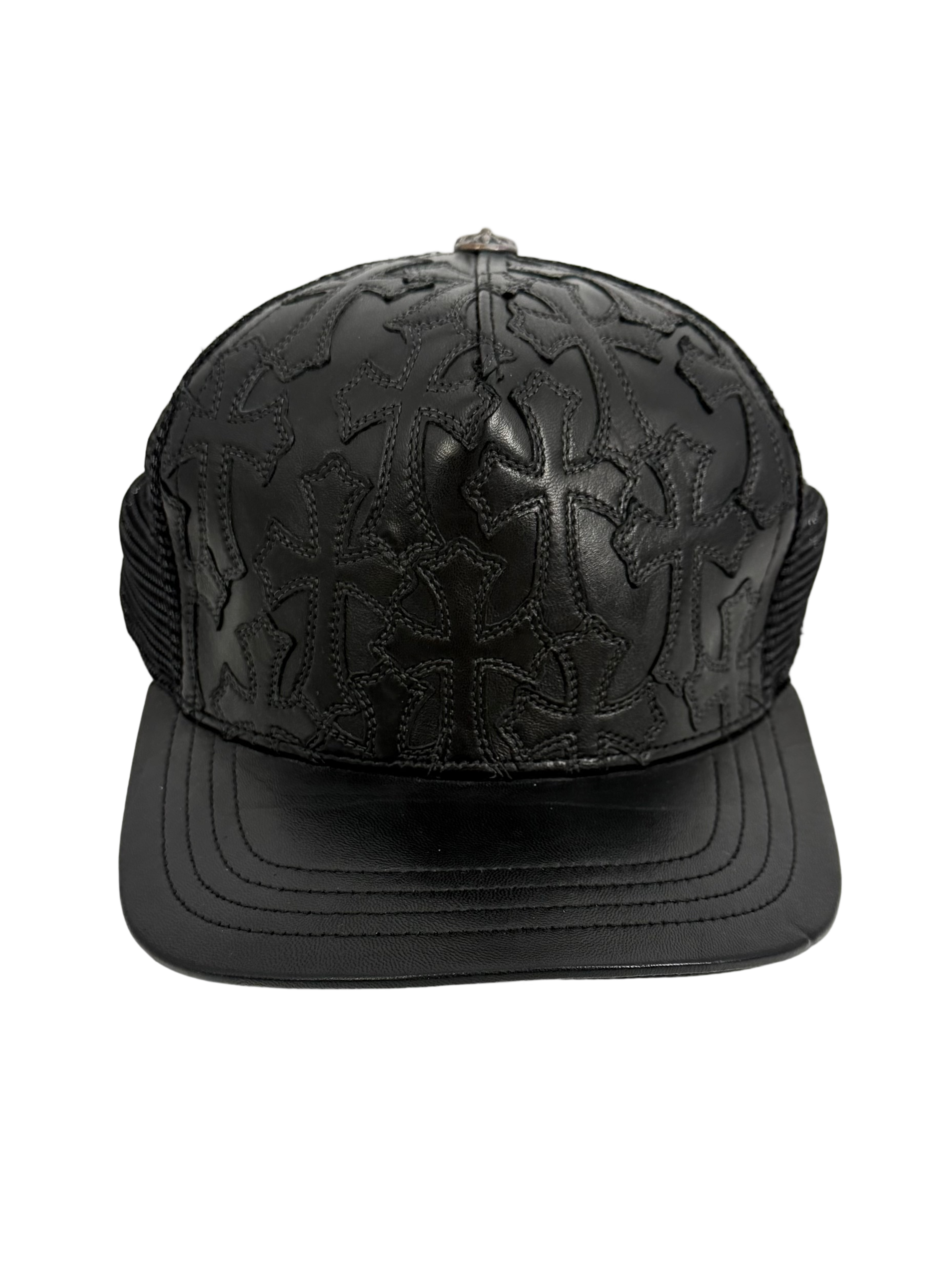 Black Leather Cemetery Cross Patch Trucker Hat