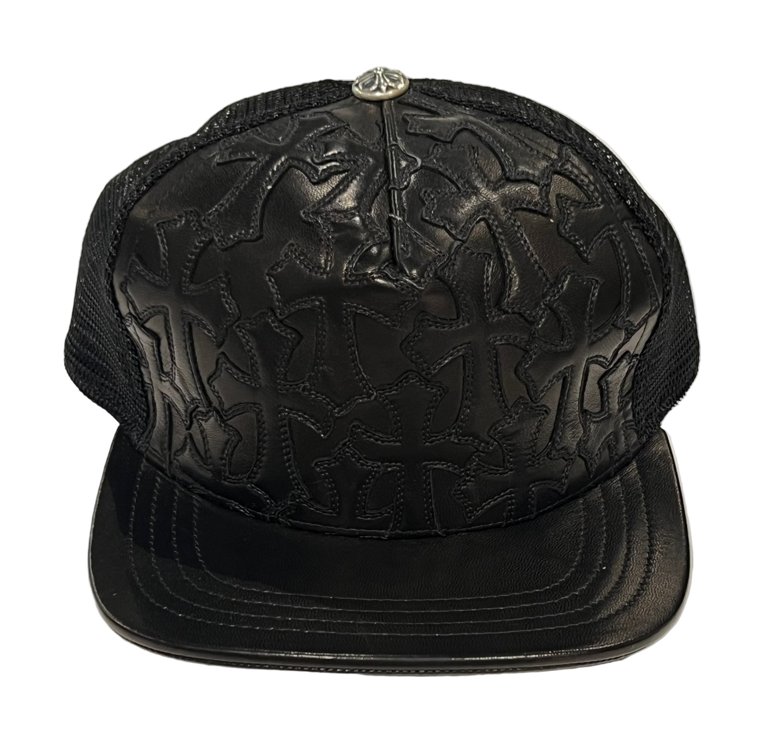 Black Leather Cemetery Cross Patch Trucker Hat