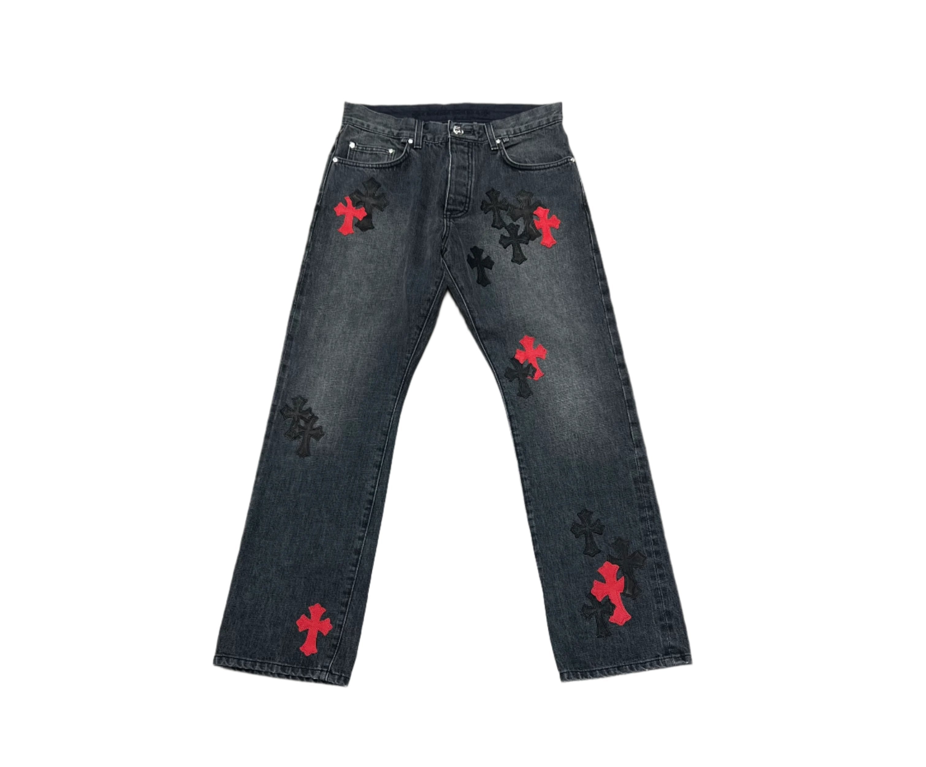 Chrome Hearts Red Black Cross Patch Jeans