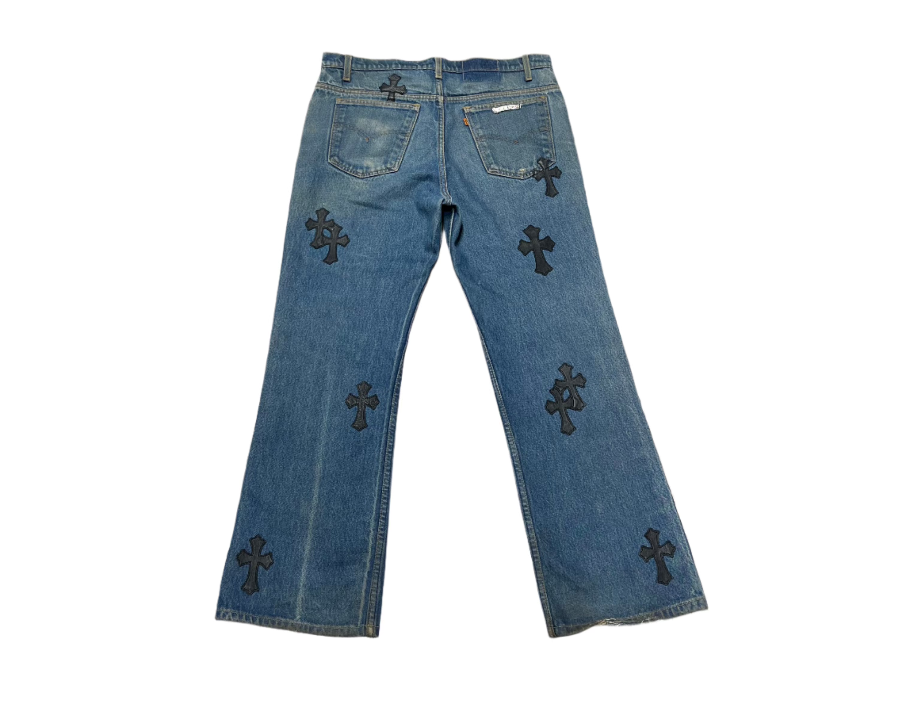 Chrome Hearts Levi Orange Tab Blue Jean Black Leather Patches