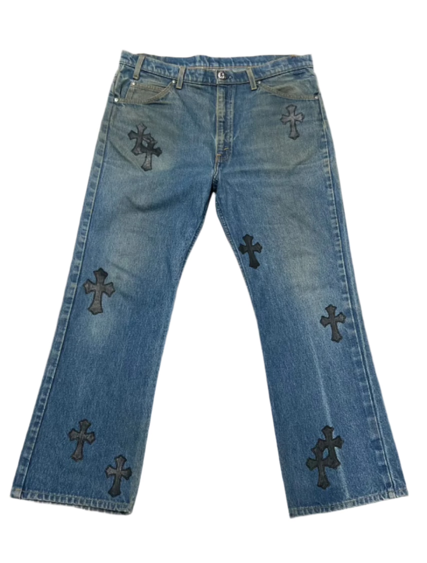 Chrome Hearts Levi Orange Tab Blue Jean Black Leather Patches