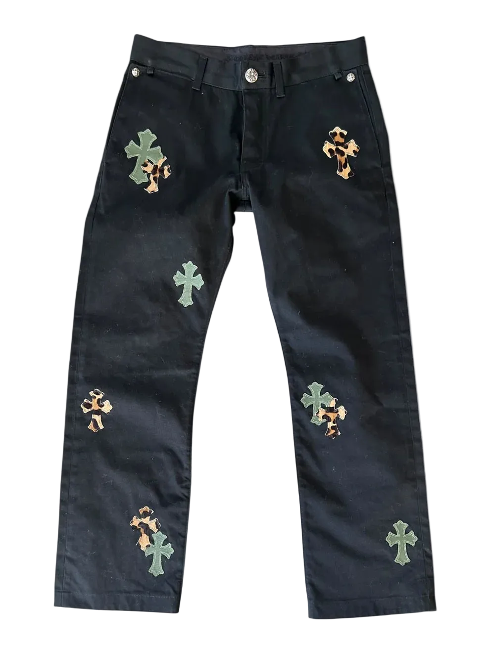 Black Cheetah & Green Cross Patch Chino Pants/Jeans