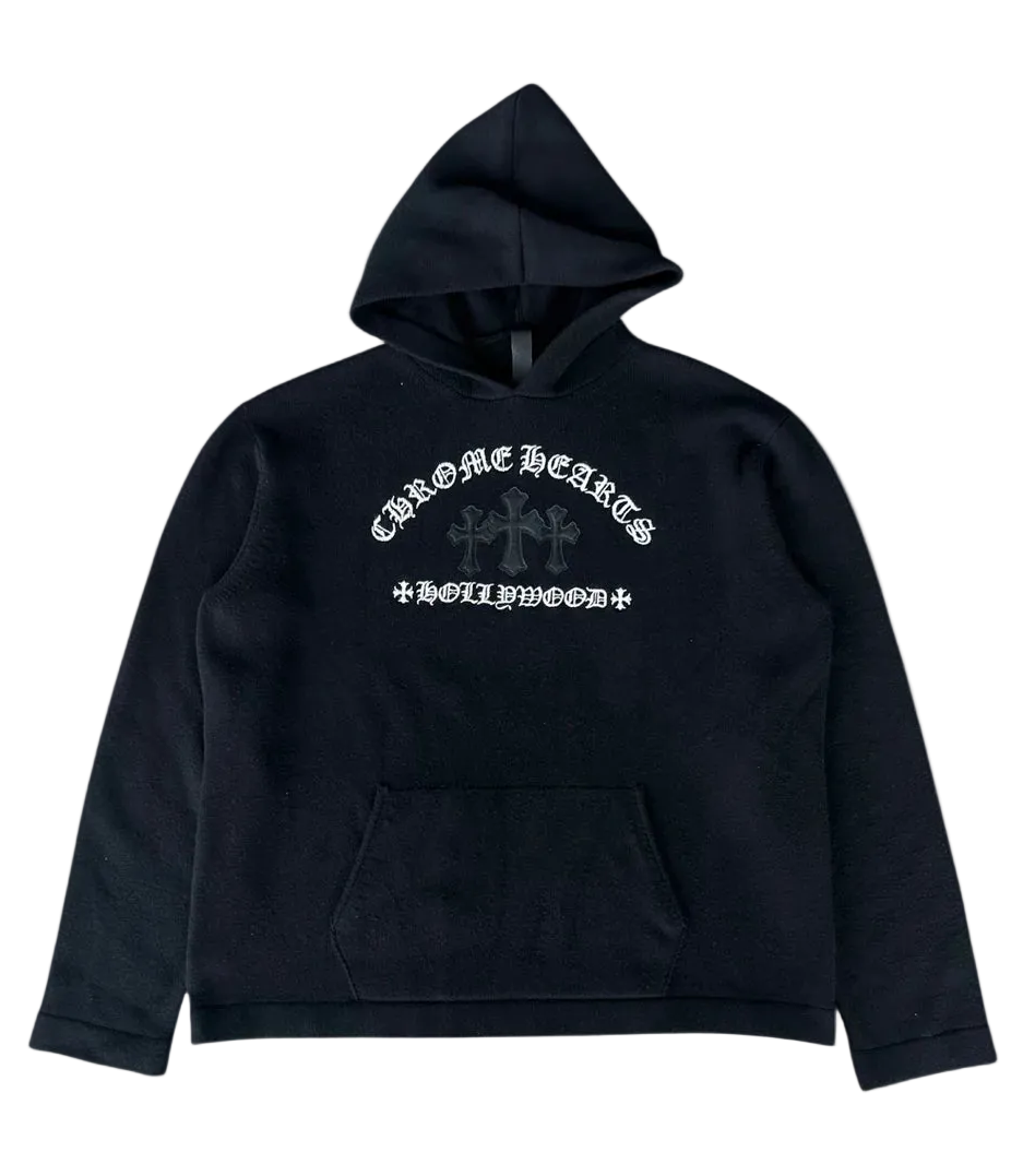 Black & White Leather Triple Cross Patch Cashmere Hoodie