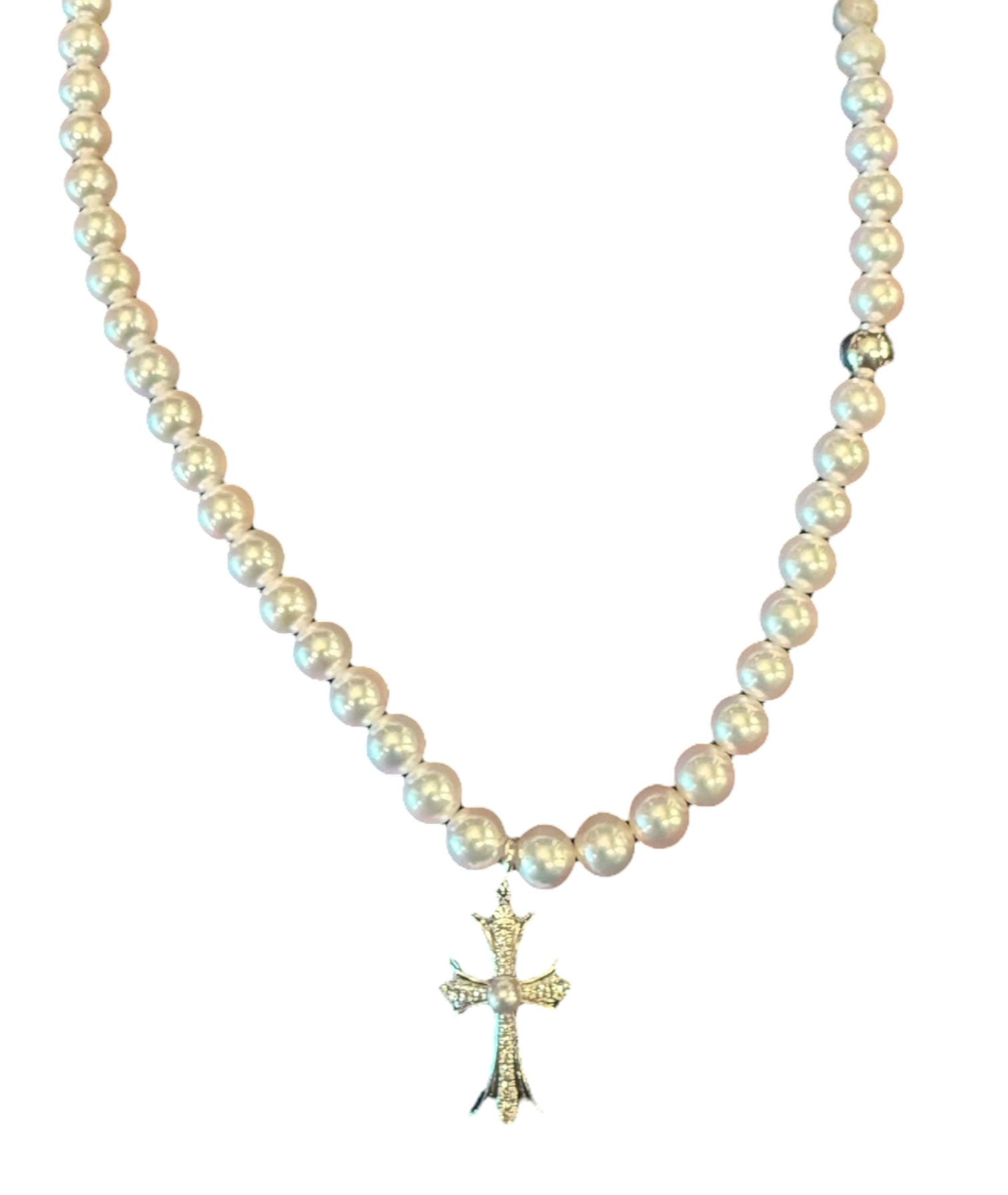 Mikimoto x Chrome Hearts Diamond Cross White Gold Pearl Choker