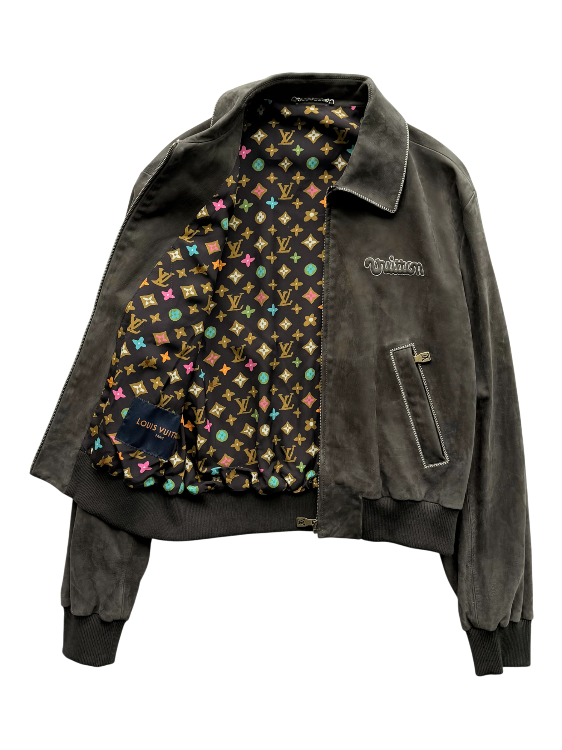 Embroidered Suede Calfskin Bomber Jacket