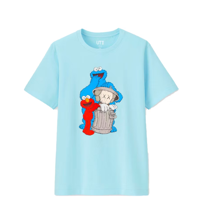 KAWS x Uniqlo x Sesame Street Companion Trash Can Tee Light Blue