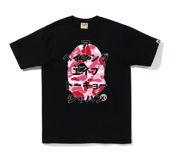 BAPE ABC Camo Japanese Letters Tee Black Pink