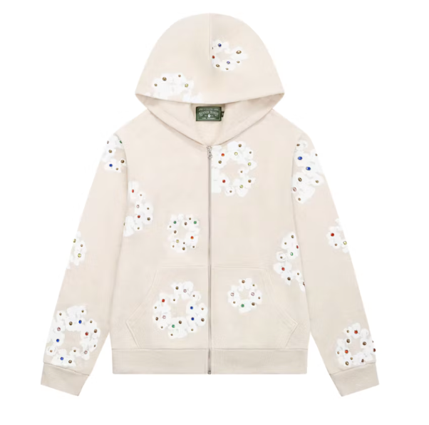 Rhinestone Cotton Wreath Zip Hoodie Oatmeal