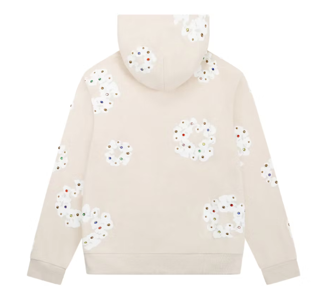 Rhinestone Cotton Wreath Zip Hoodie Oatmeal