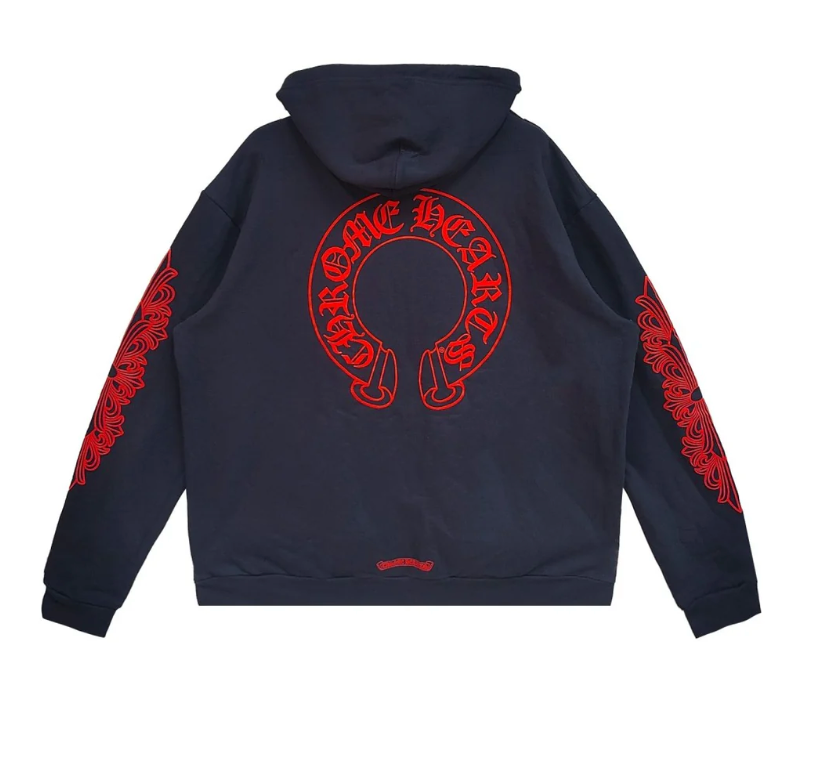 Navy & Red Horseshoe Floral Sleeve Pullover Hoodie