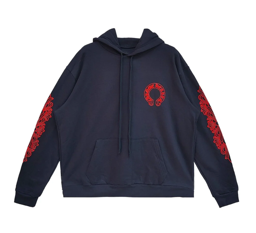 Navy & Red Horseshoe Floral Sleeve Pullover Hoodie