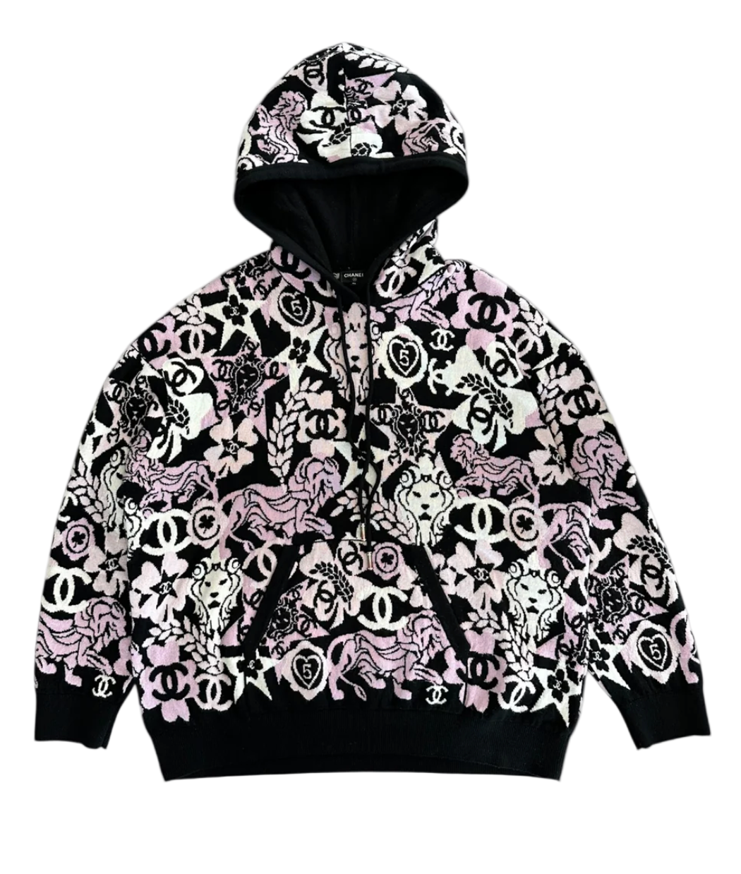 Chanel Black Pink & White All-Over Print Cashmere Hoodie