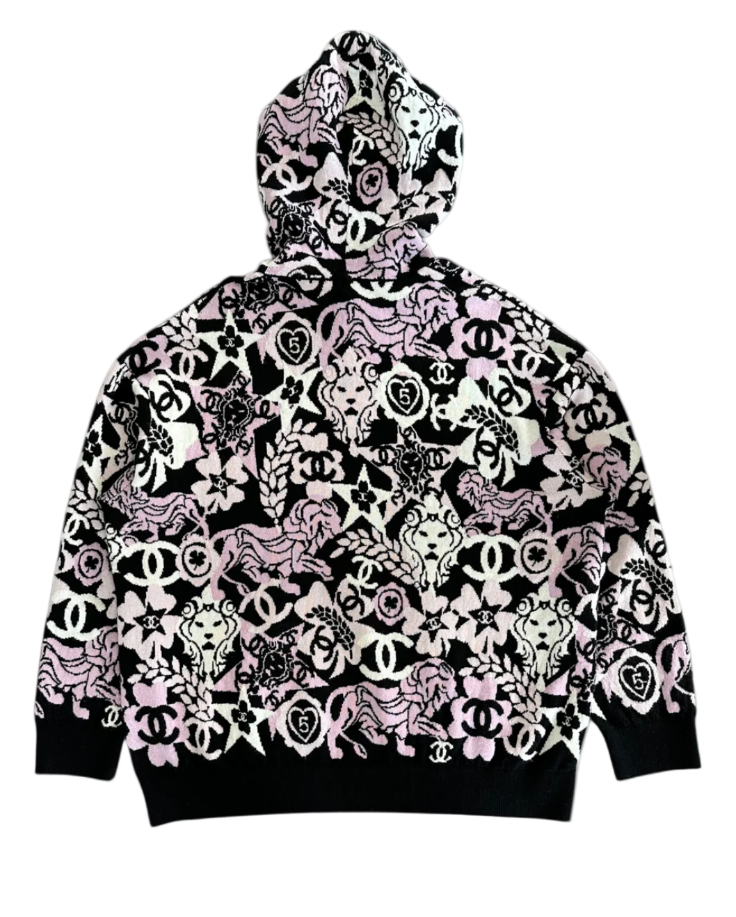 Chanel Black Pink & White All-Over Print Cashmere Hoodie