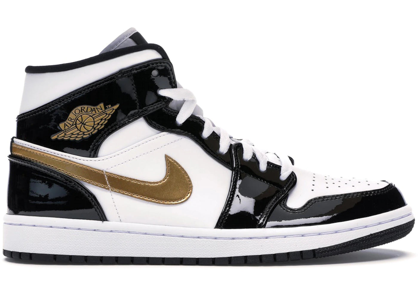 Jordan 1 Mid Patent Black White Gold