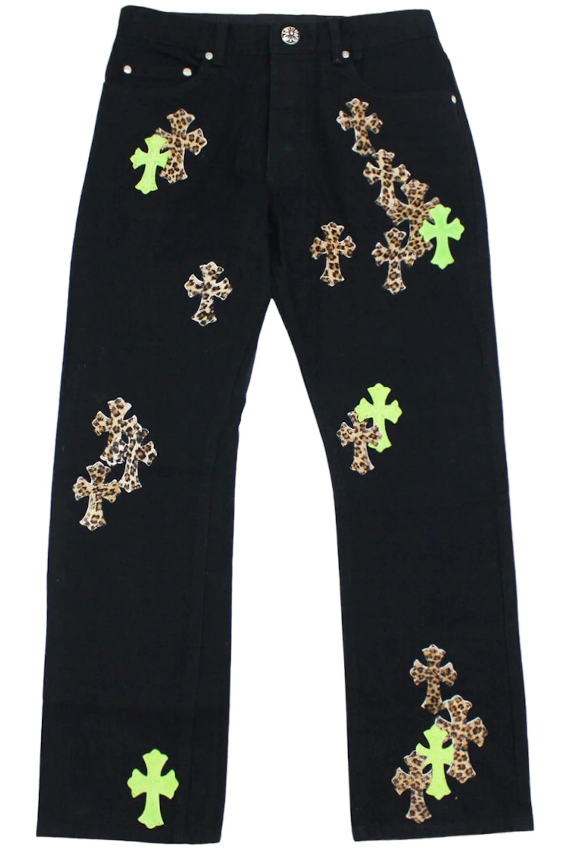 Green & Leopard Cross Patch Jeans Black