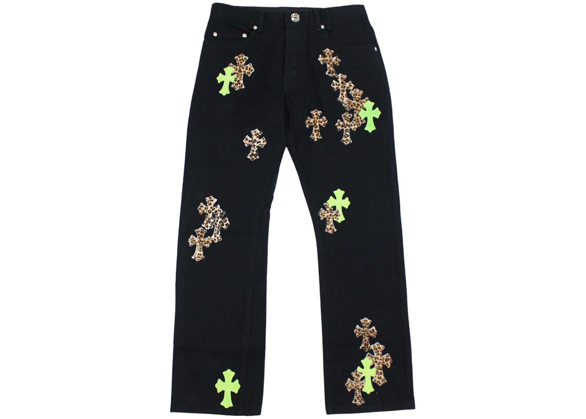 Green & Leopard Cross Patch Jeans Black